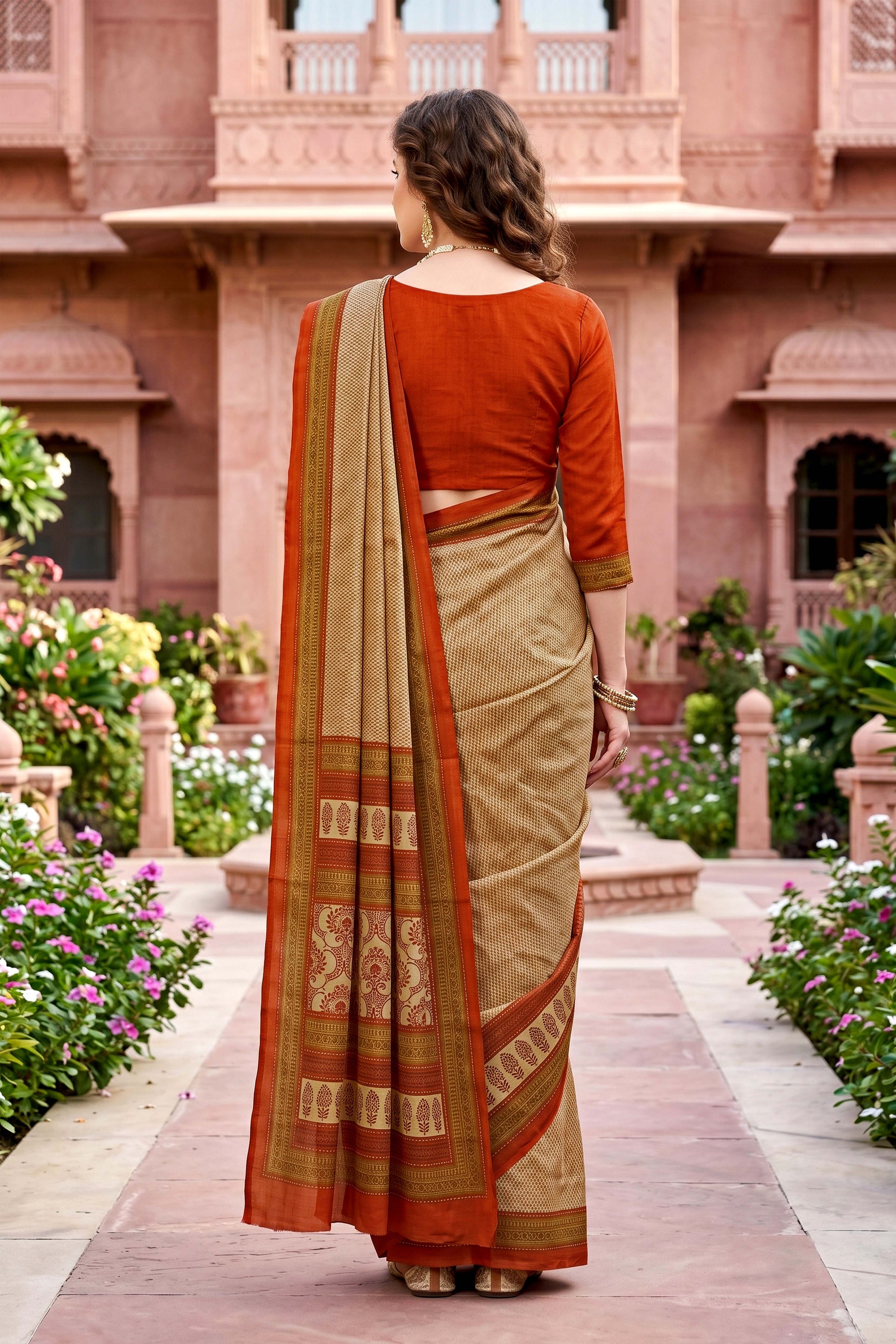 Sangam Prints Beige Cotton Print Woven Work Traditional Saree