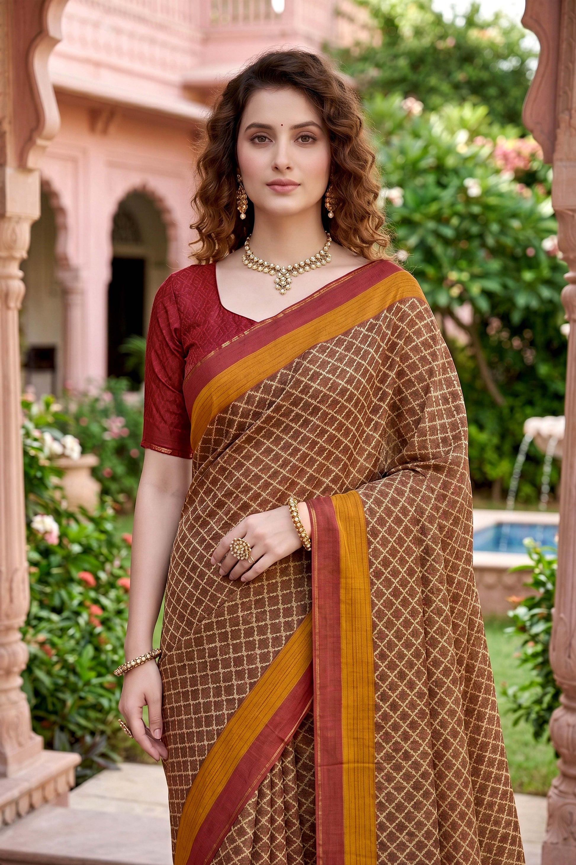 Sangam Prints Beige Cotton Print Woven Work Traditional Saree