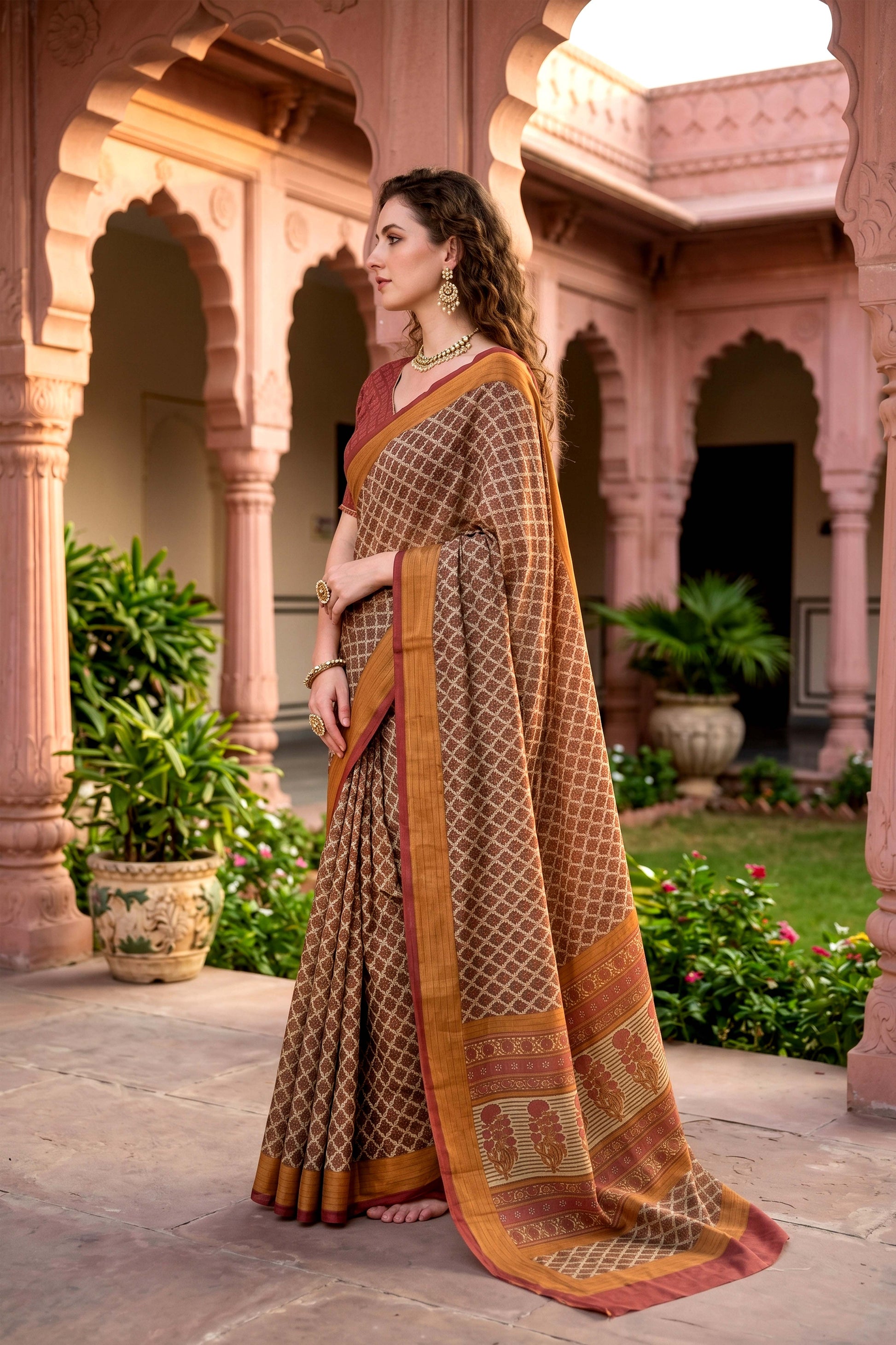 Sangam Prints Beige Cotton Print Woven Work Traditional Saree
