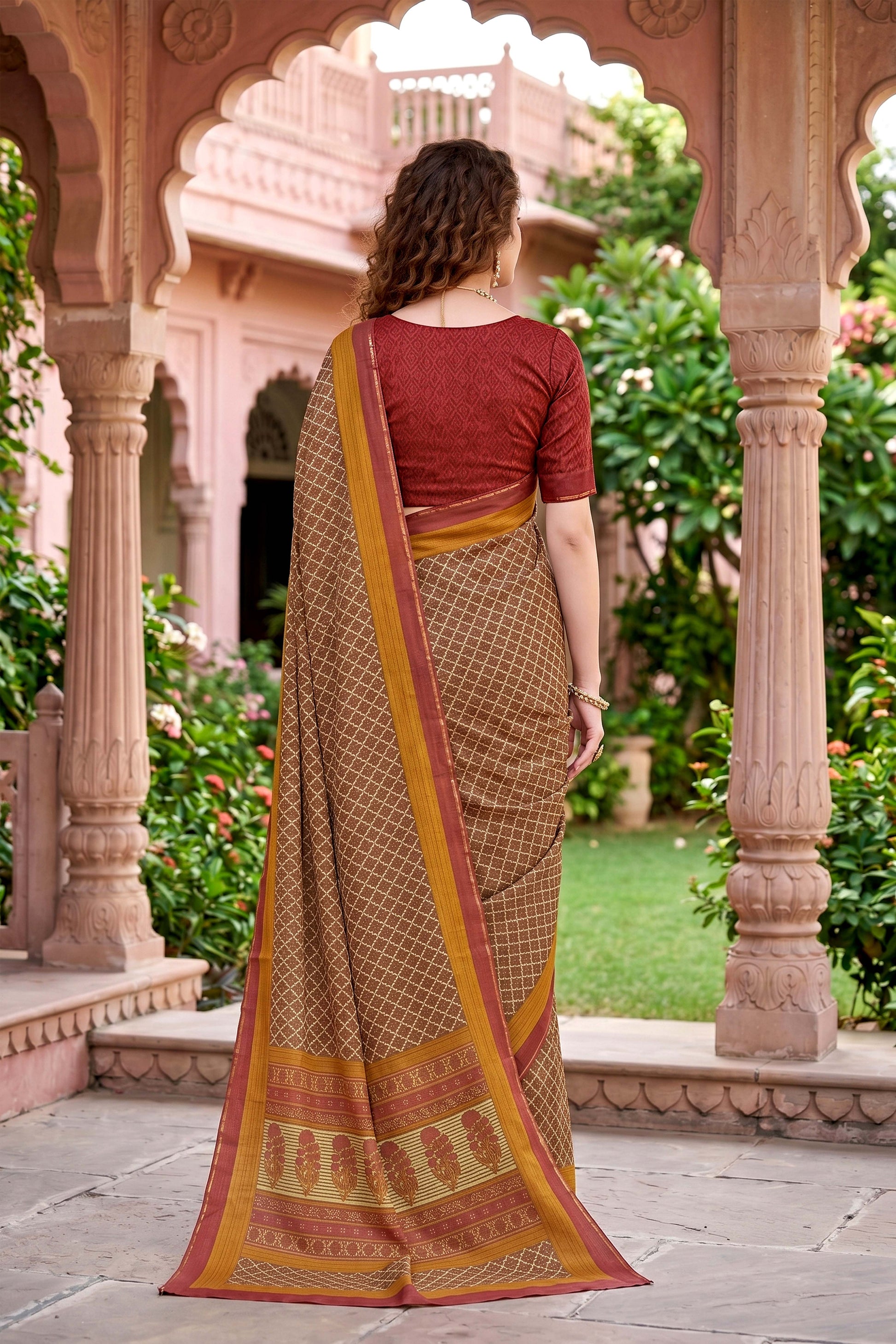 Sangam Prints Beige Cotton Print Woven Work Traditional Saree