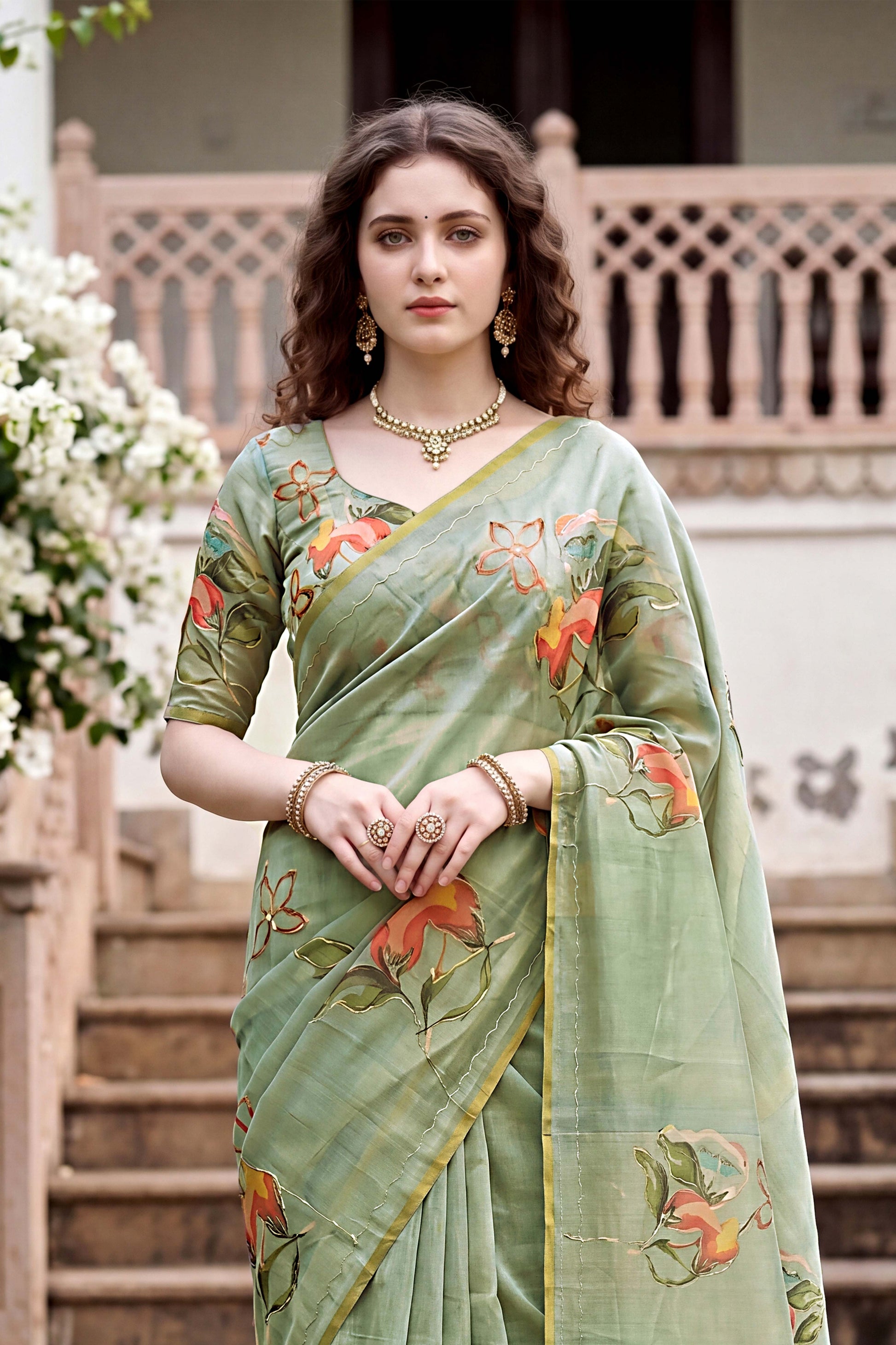 Sangam Prints Green Cotton Print Woven Work Traditional Saree