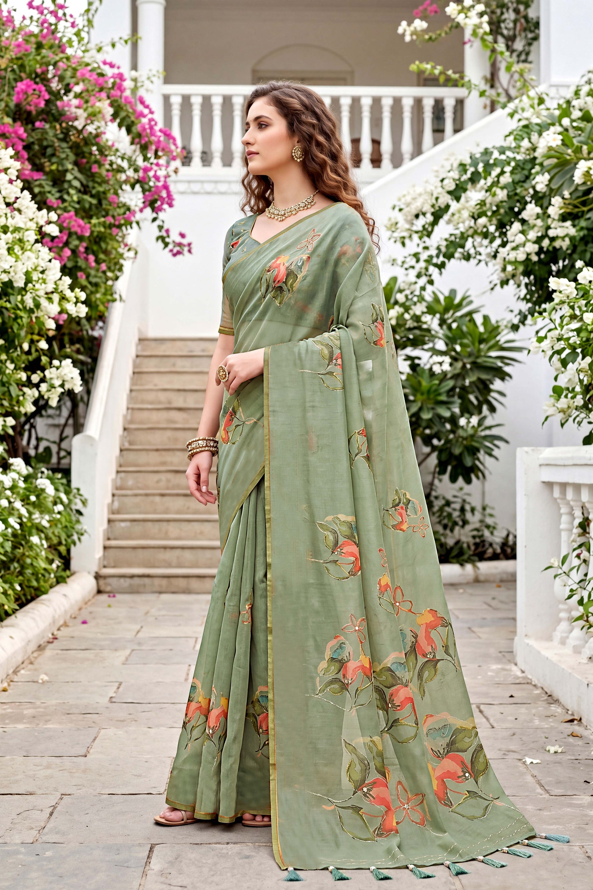 Sangam Prints Green Cotton Print Woven Work Traditional Saree