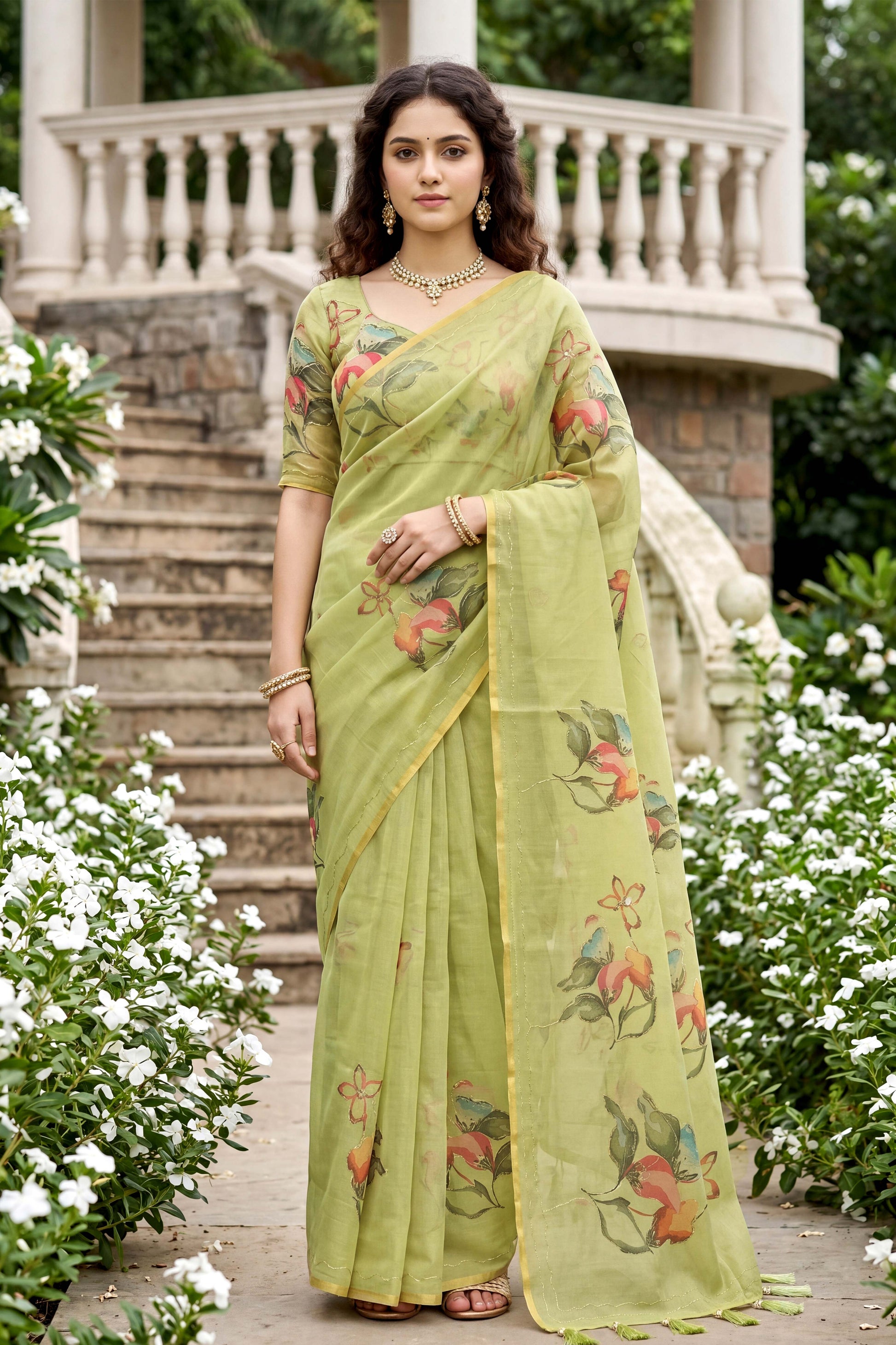 Sangam Prints Pista Green Cotton Print Woven Work Traditional Saree