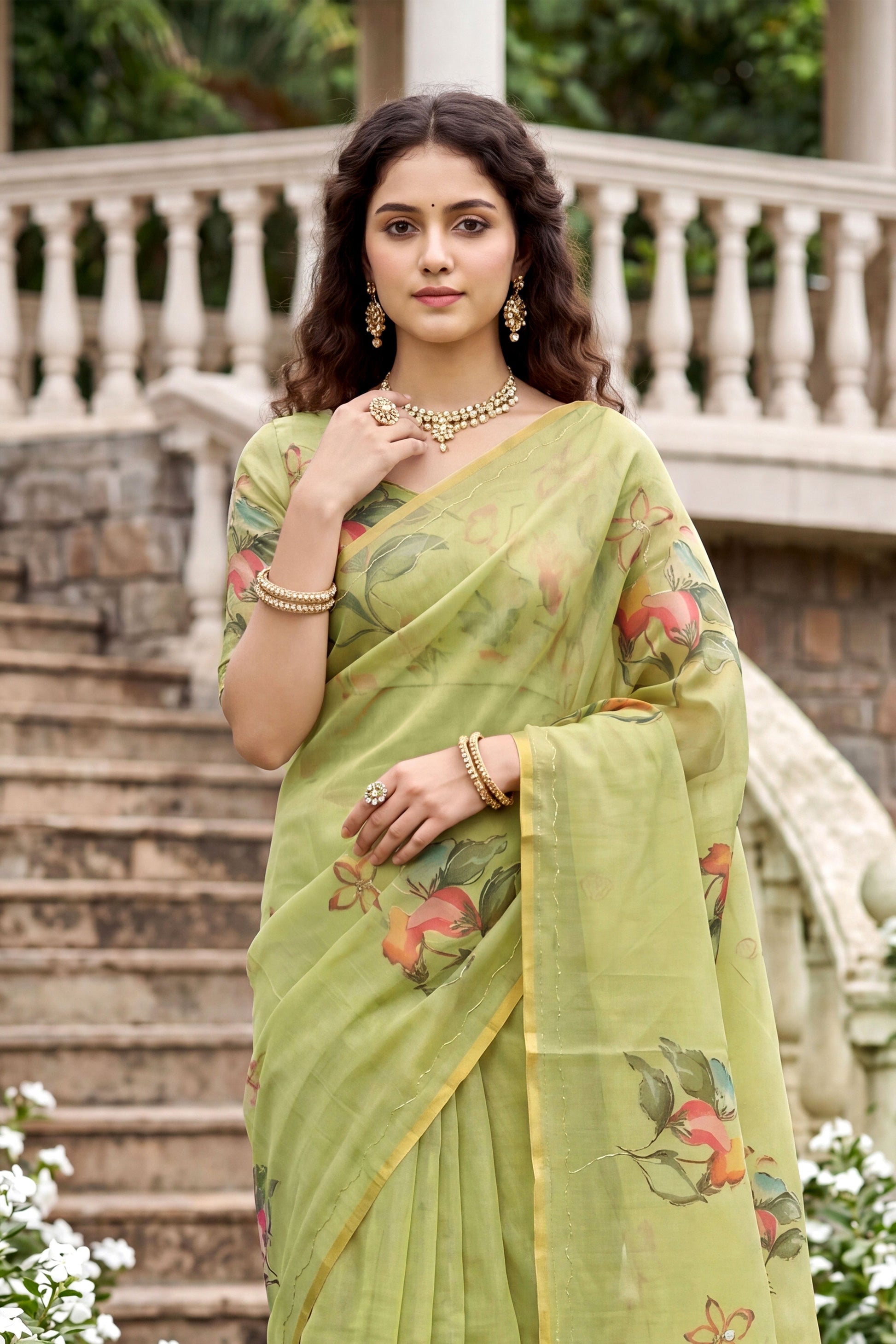 Sangam Prints Pista Green Cotton Print Woven Work Traditional Saree