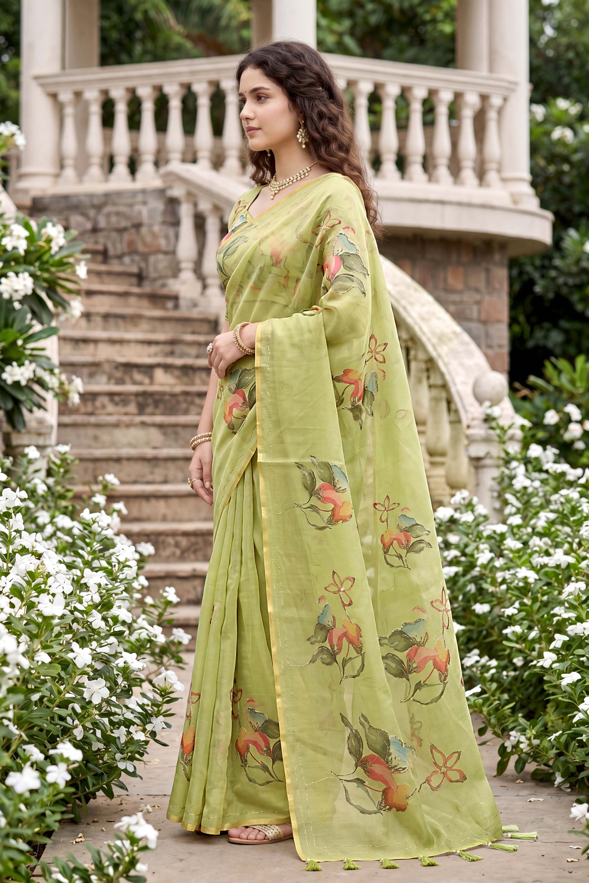 Sangam Prints Pista Green Cotton Print Woven Work Traditional Saree