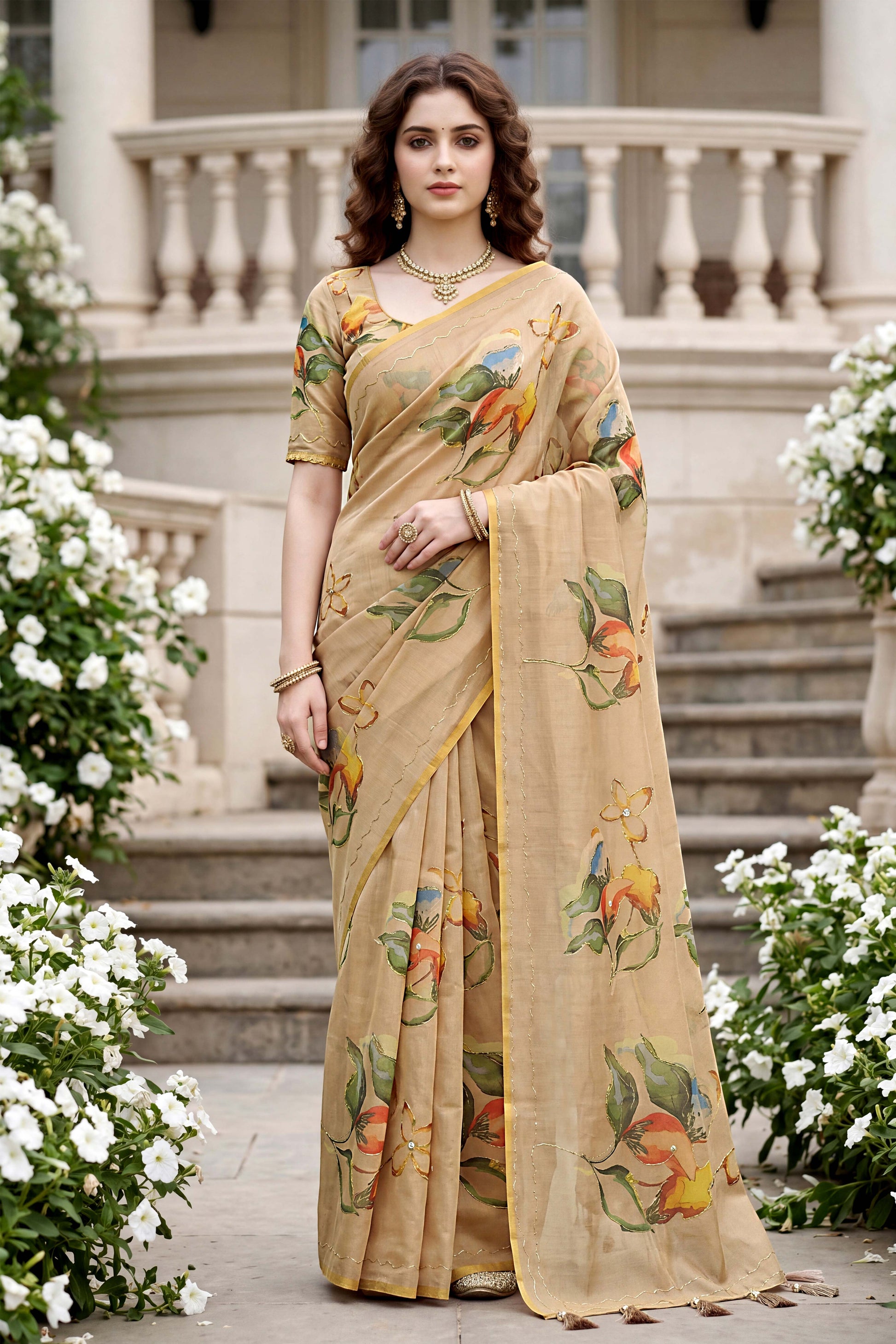 Sangam Prints Beige Cotton Print Woven Work Traditional Saree