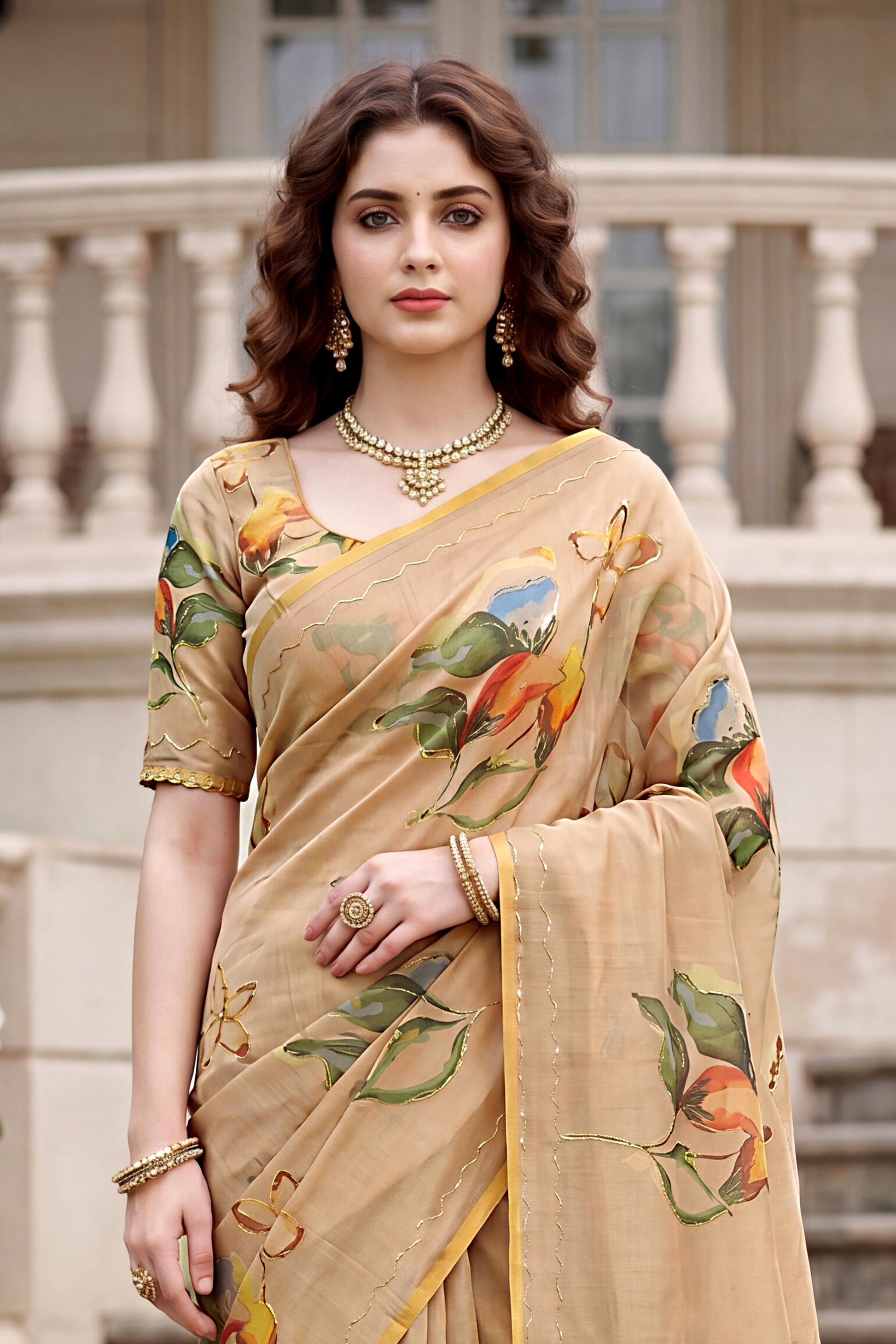 Sangam Prints Beige Cotton Print Woven Work Traditional Saree