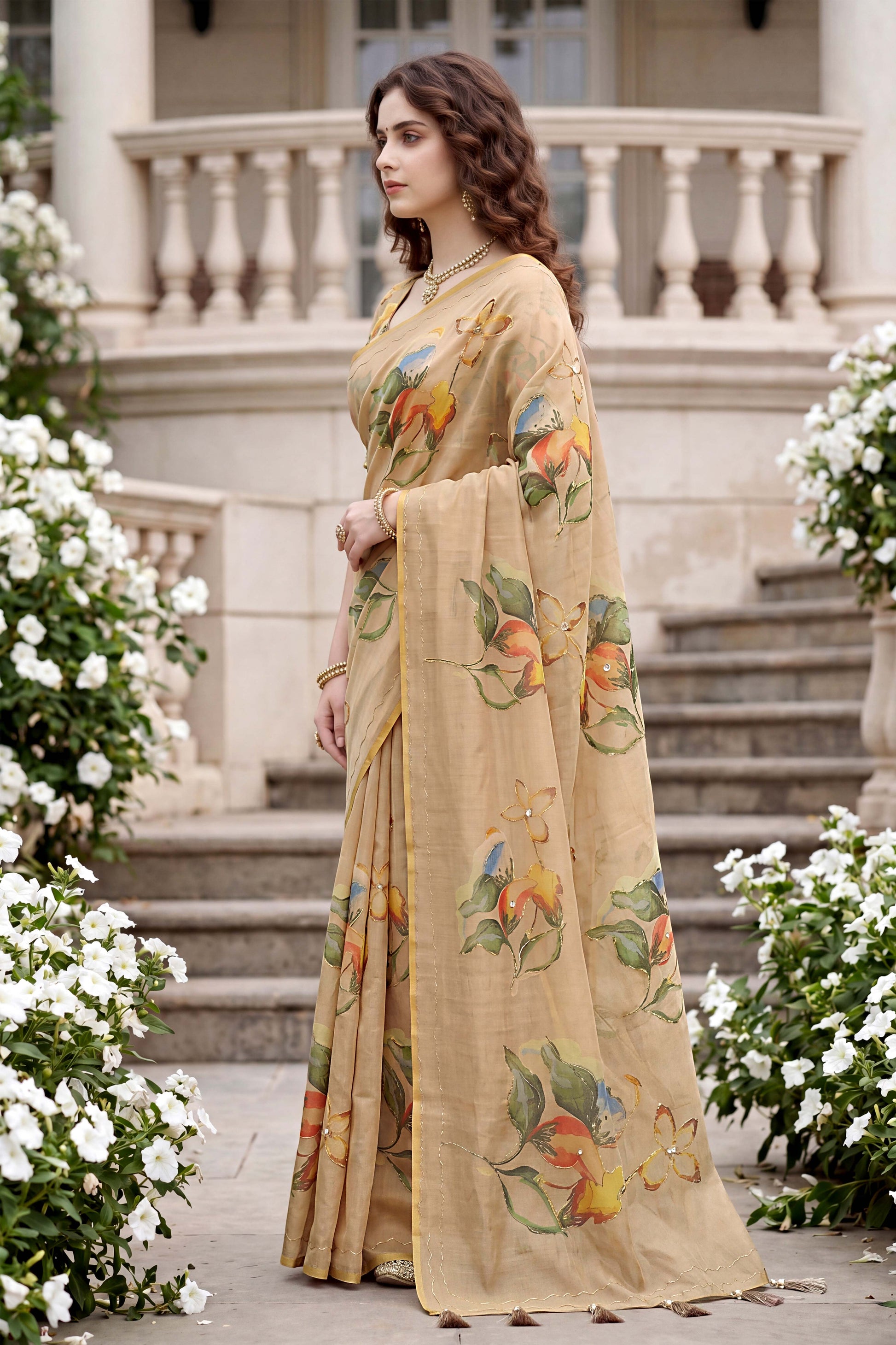 Sangam Prints Beige Cotton Print Woven Work Traditional Saree
