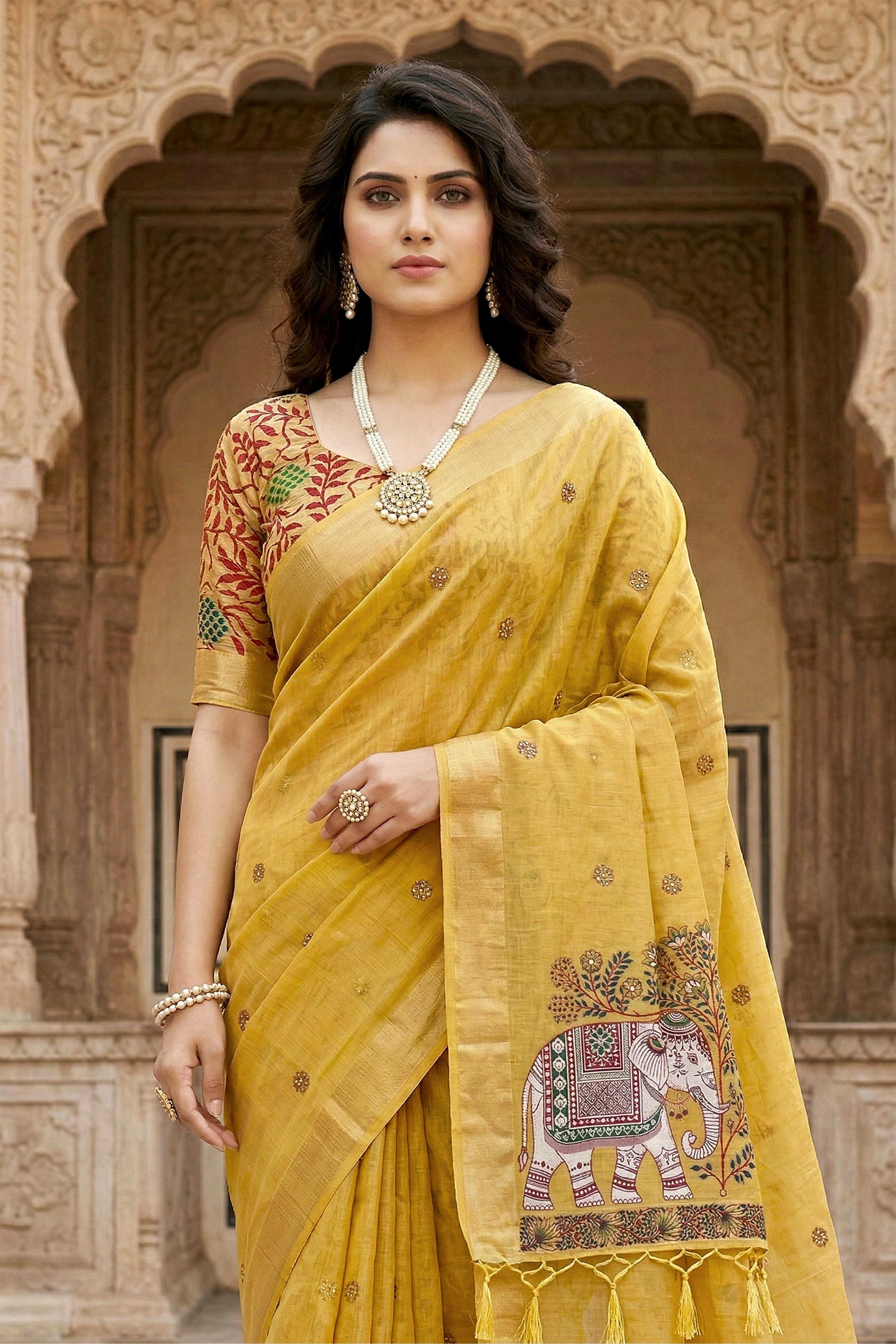 Sangam Prints Yellow Cotton Print Woven Work Traditional Saree