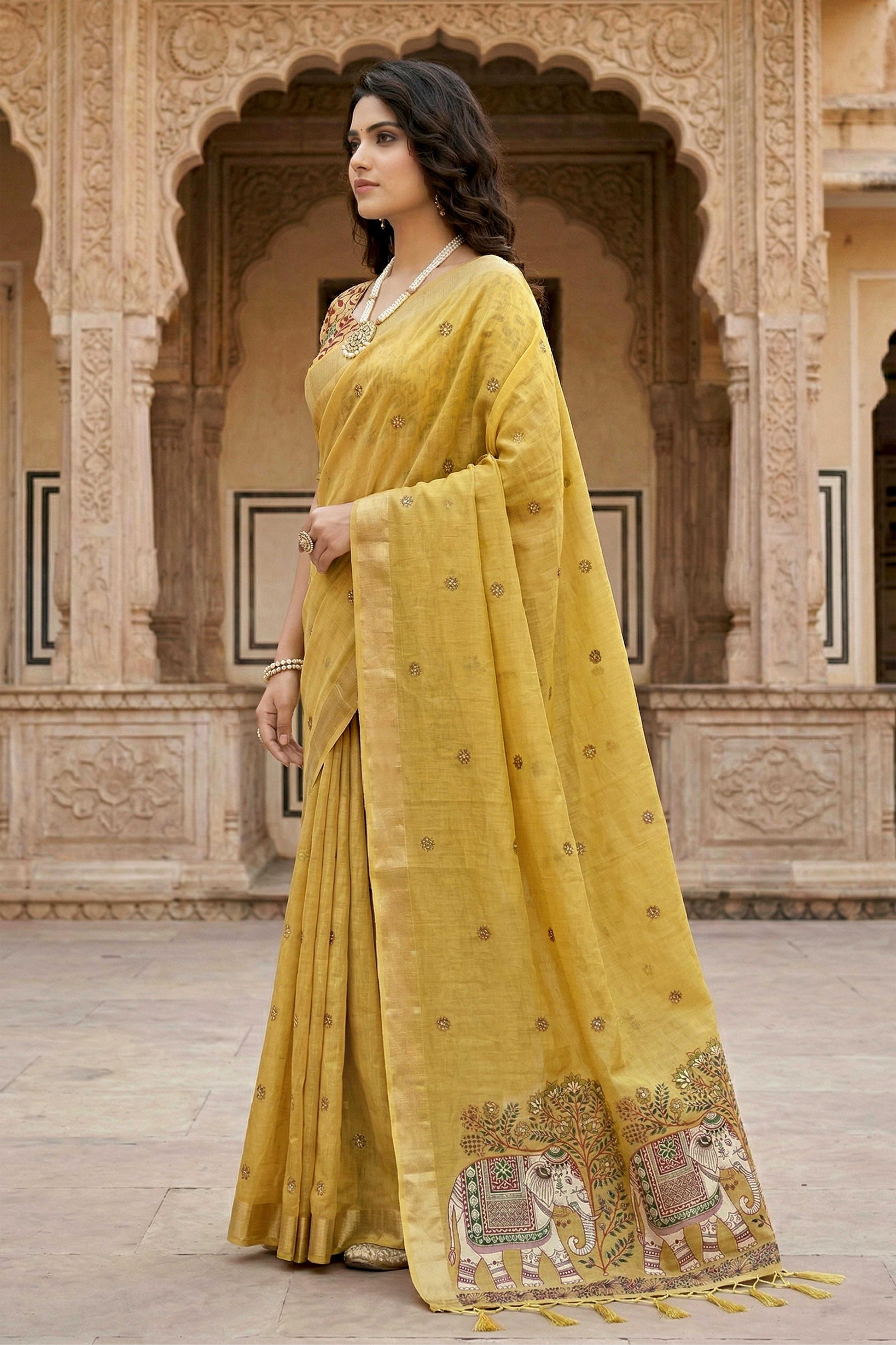 Sangam Prints Yellow Cotton Print Woven Work Traditional Saree