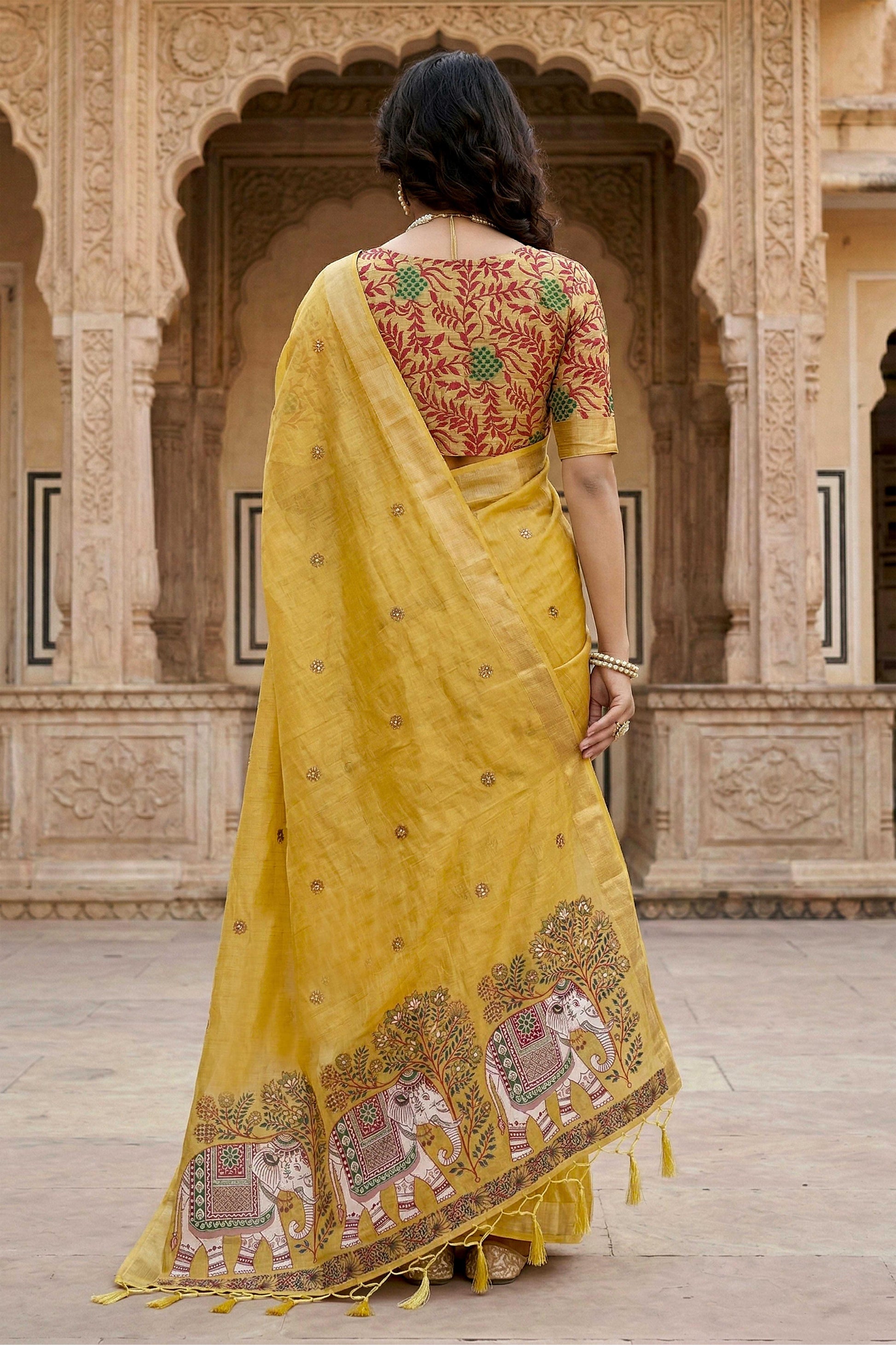 Sangam Prints Yellow Cotton Print Woven Work Traditional Saree