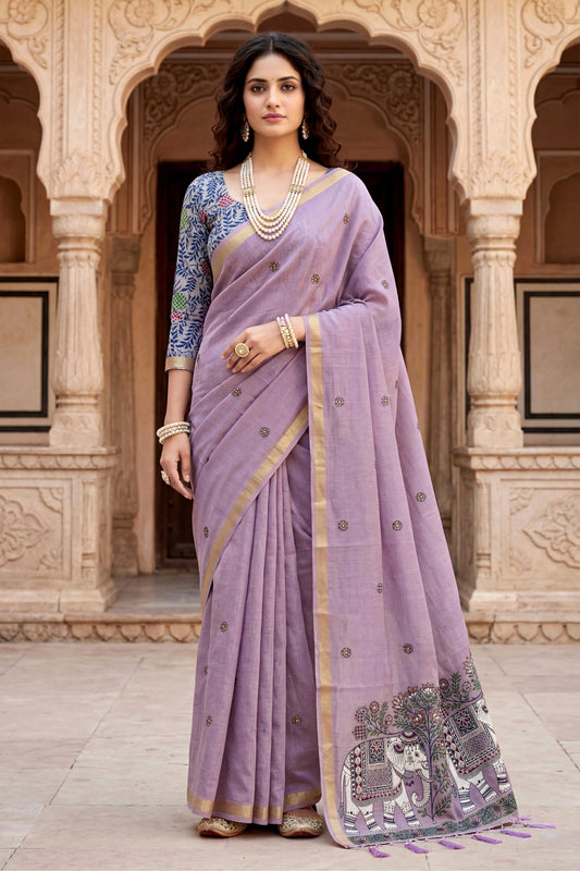 Sangam Prints Purple Cotton Print Woven Work Traditional Saree