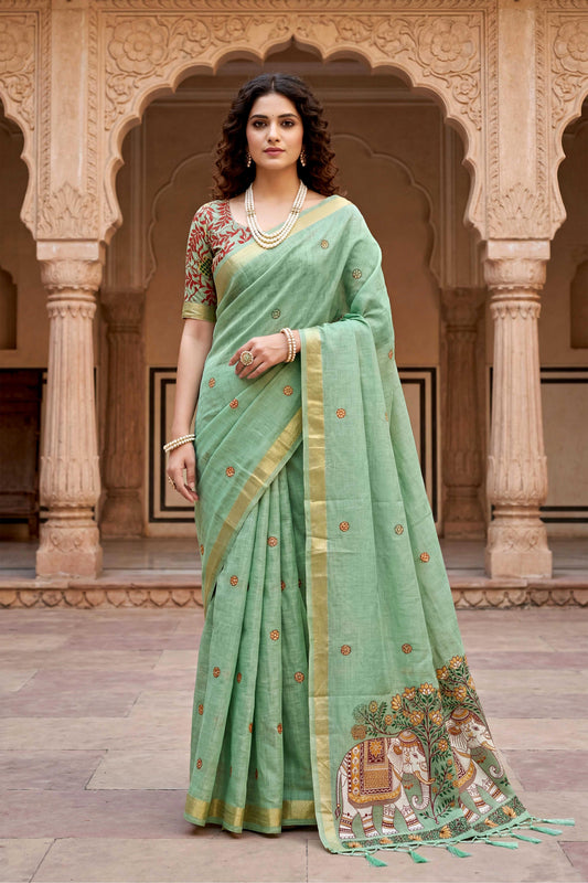 Sangam Prints Green Cotton Print Woven Work Traditional Saree