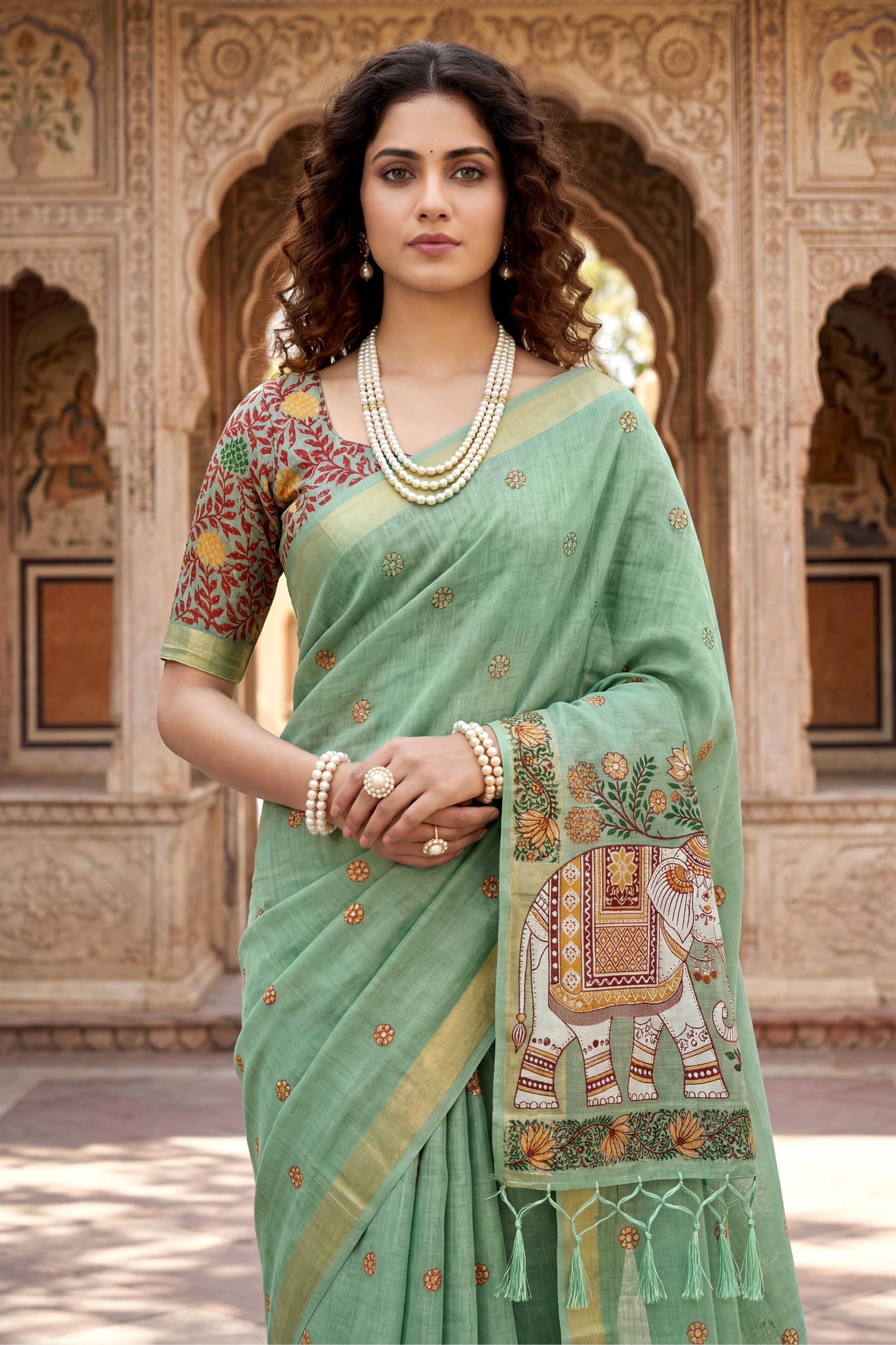 Sangam Prints Green Cotton Print Woven Work Traditional Saree