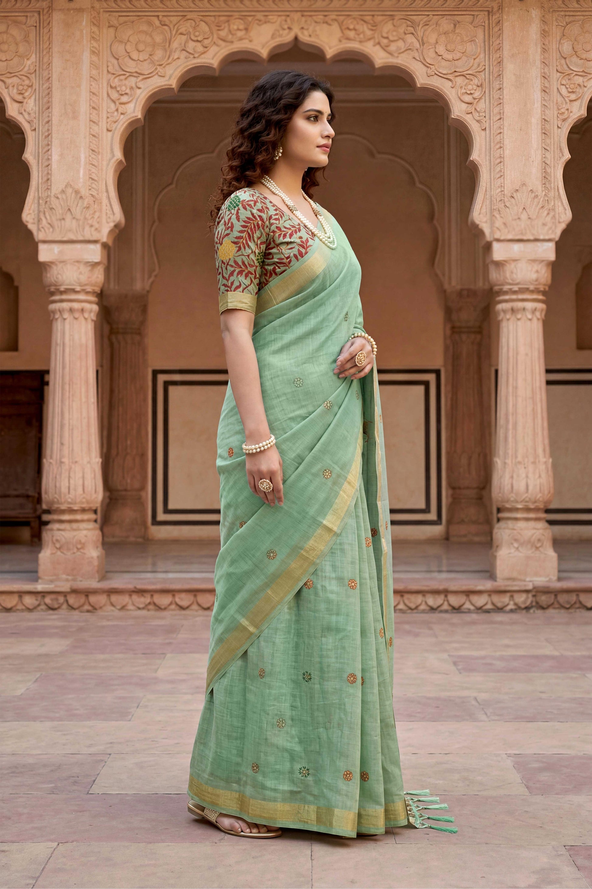 Sangam Prints Green Cotton Print Woven Work Traditional Saree