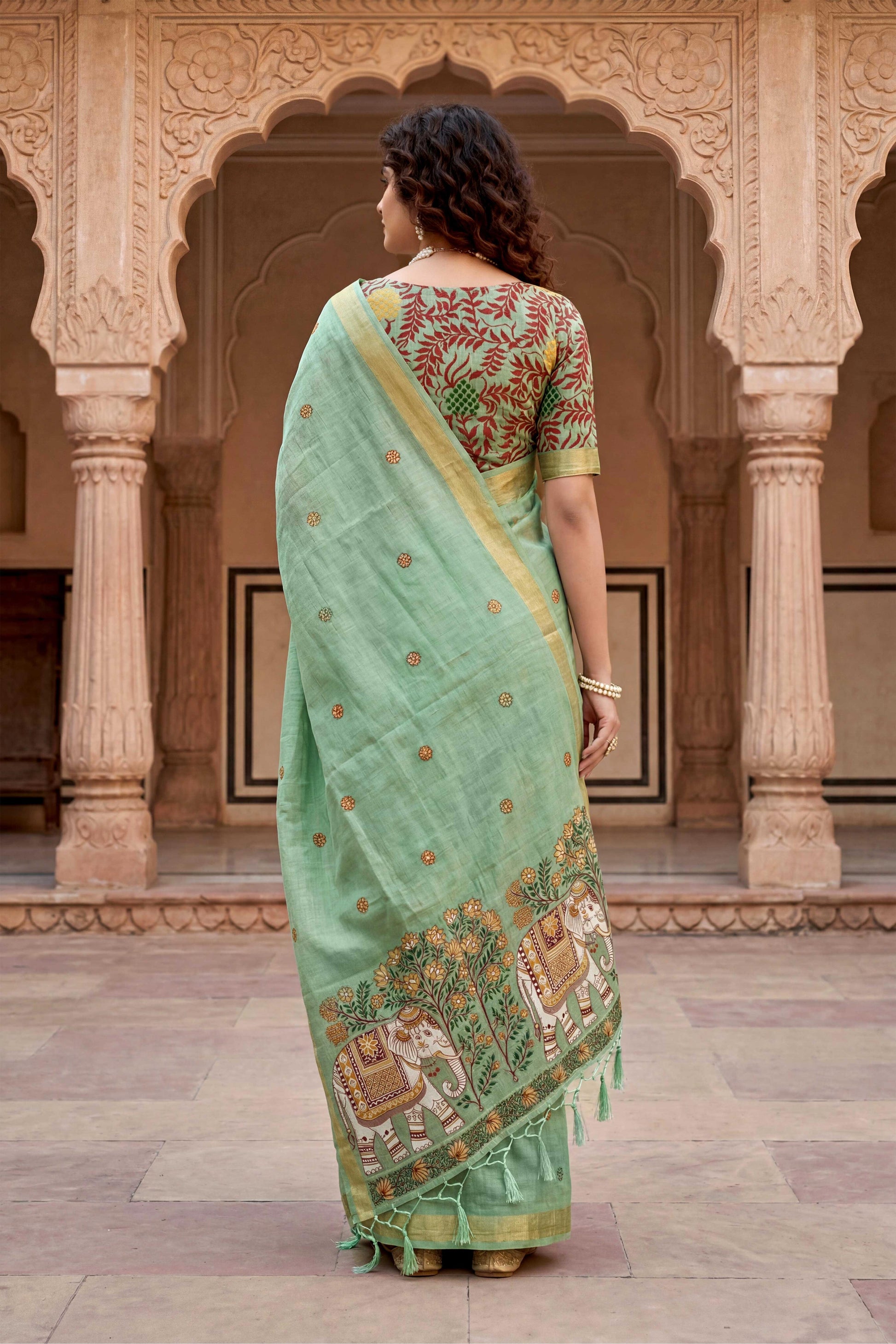 Sangam Prints Green Cotton Print Woven Work Traditional Saree