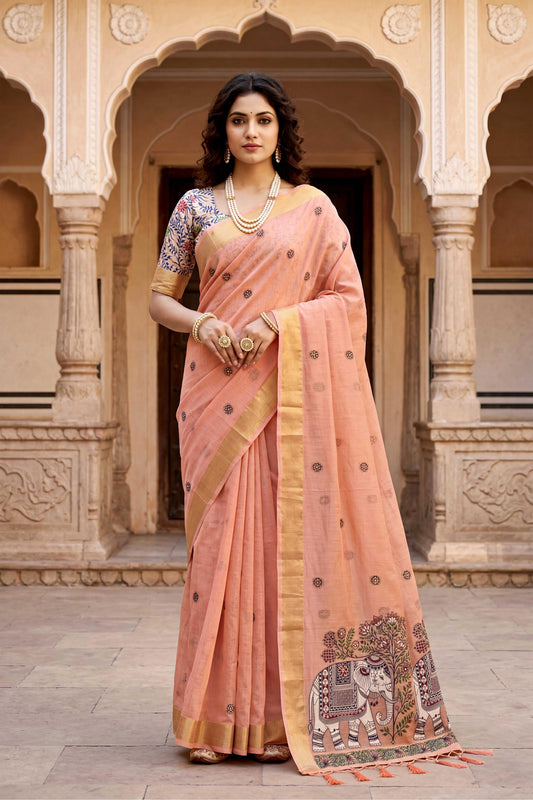 Sangam Prints Peach Cotton Print Woven Work Traditional Saree