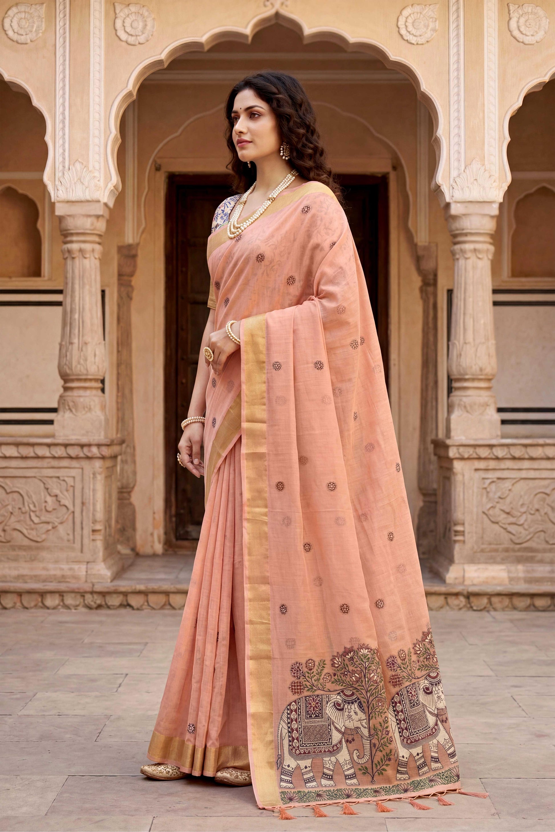 Sangam Prints Peach Cotton Print Woven Work Traditional Saree
