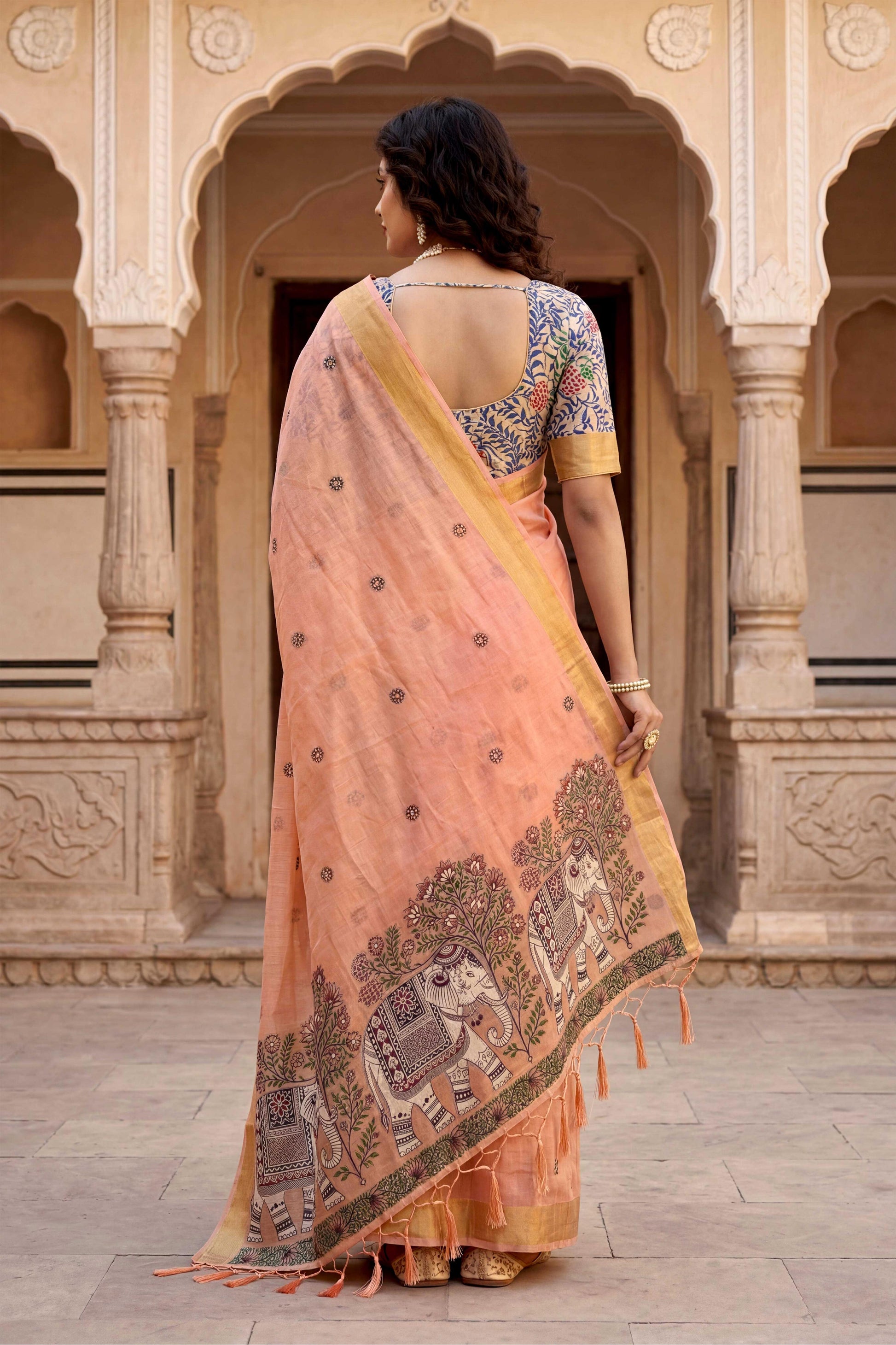 Sangam Prints Peach Cotton Print Woven Work Traditional Saree