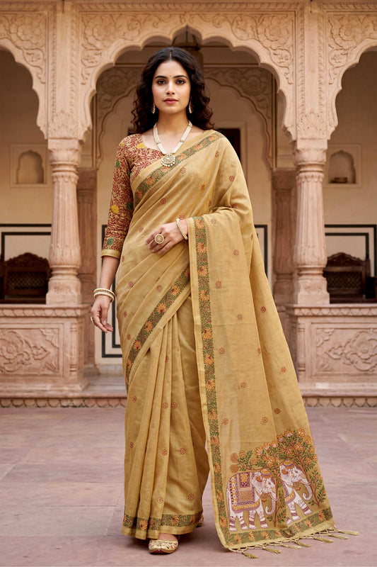 Sangam Prints Beige Cotton Print Woven Work Traditional Saree