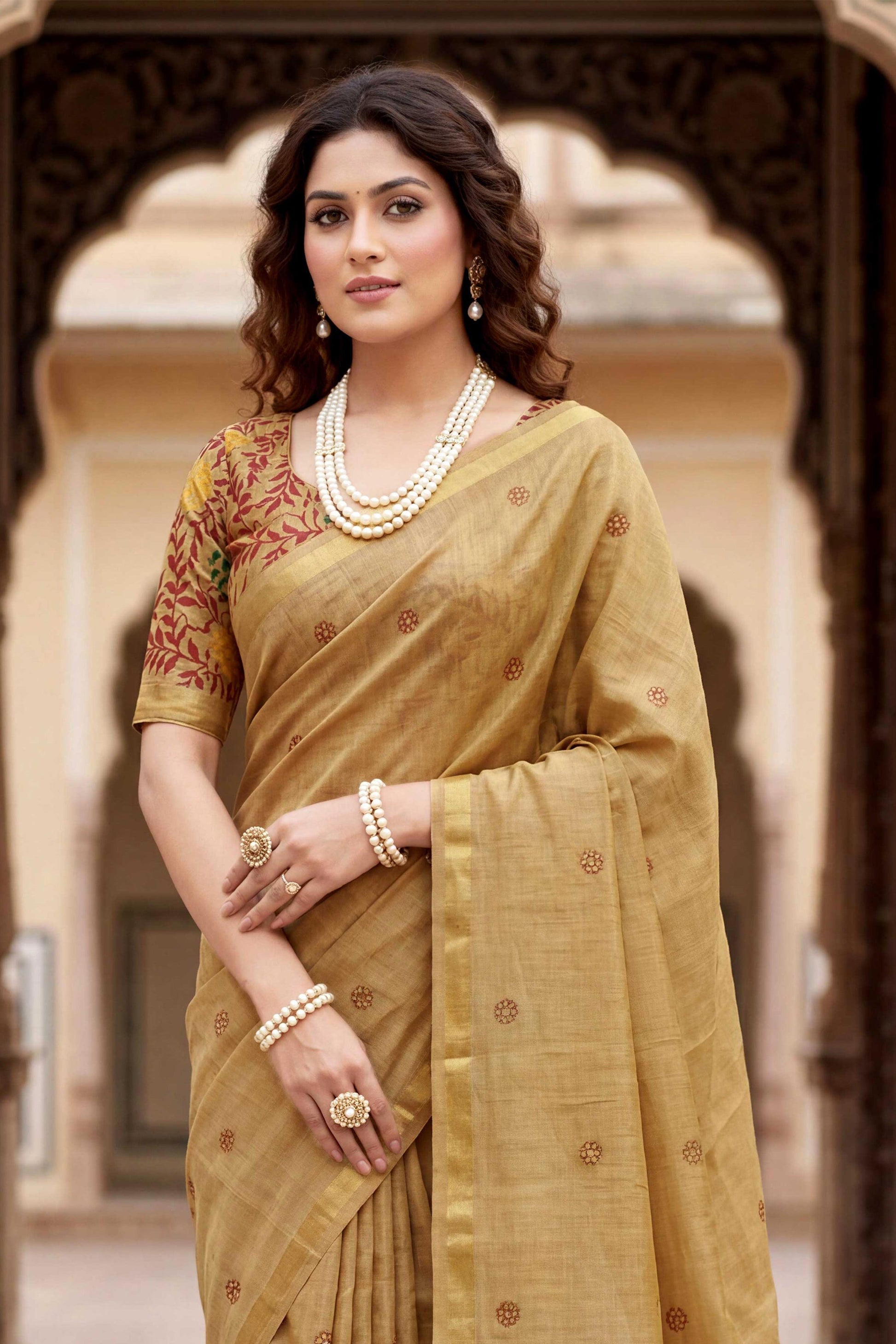 Sangam Prints Beige Cotton Print Woven Work Traditional Saree