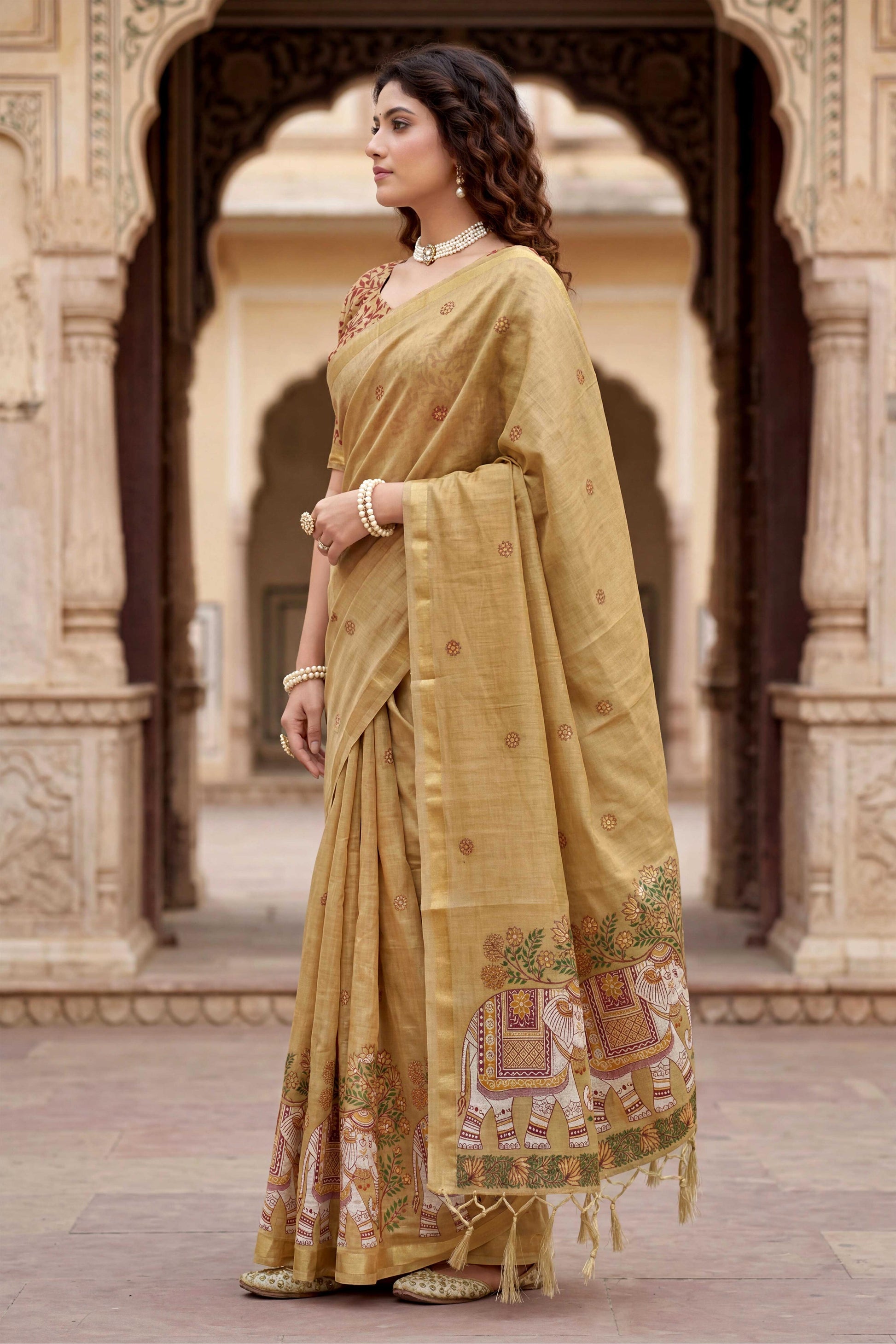 Sangam Prints Beige Cotton Print Woven Work Traditional Saree