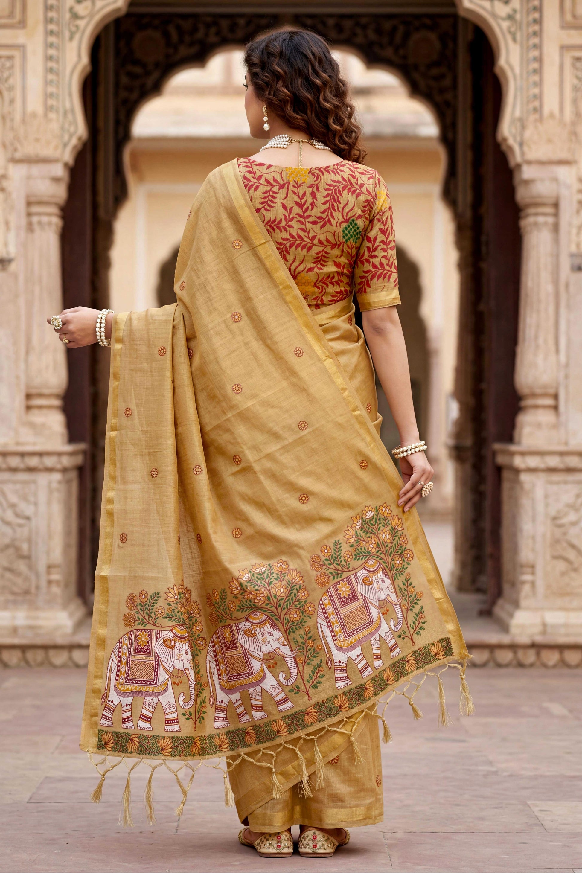 Sangam Prints Beige Cotton Print Woven Work Traditional Saree