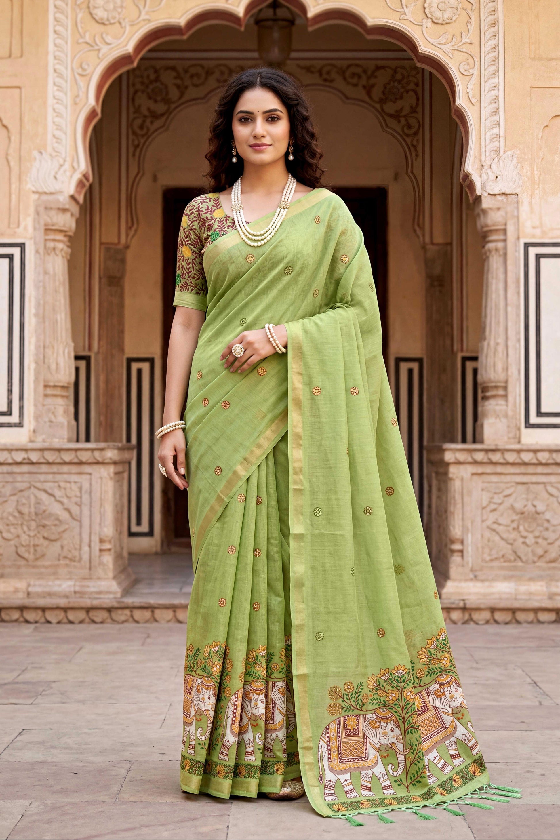 Sangam Prints Green Cotton Print Woven Work Traditional Saree