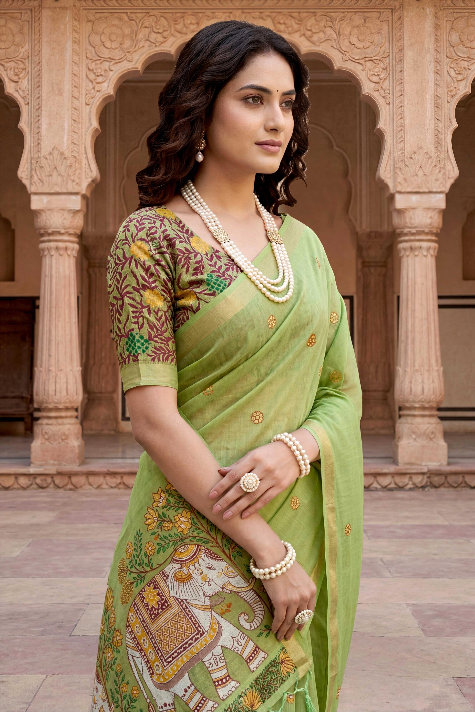 Sangam Prints Green Cotton Print Woven Work Traditional Saree