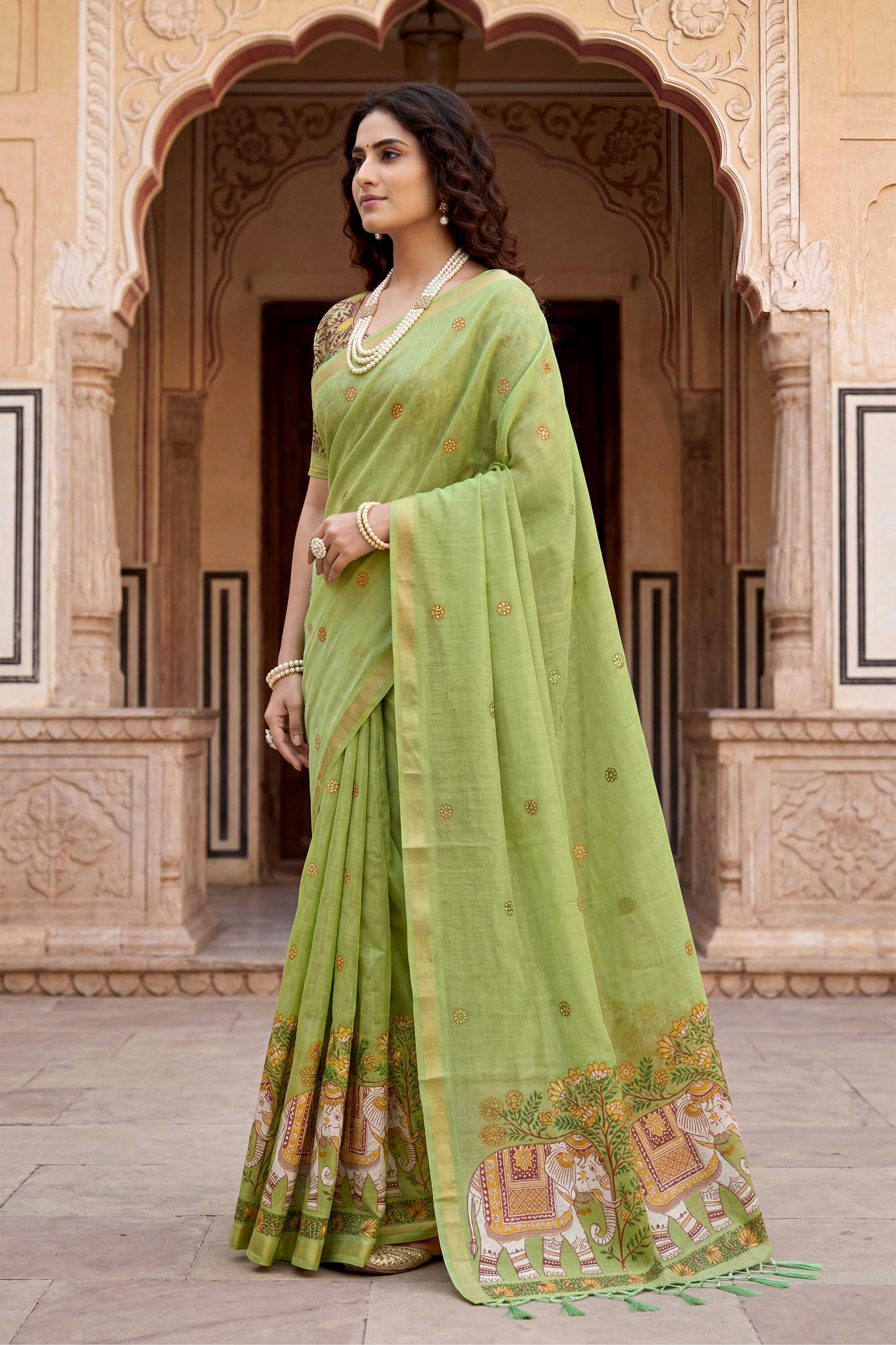 Sangam Prints Green Cotton Print Woven Work Traditional Saree