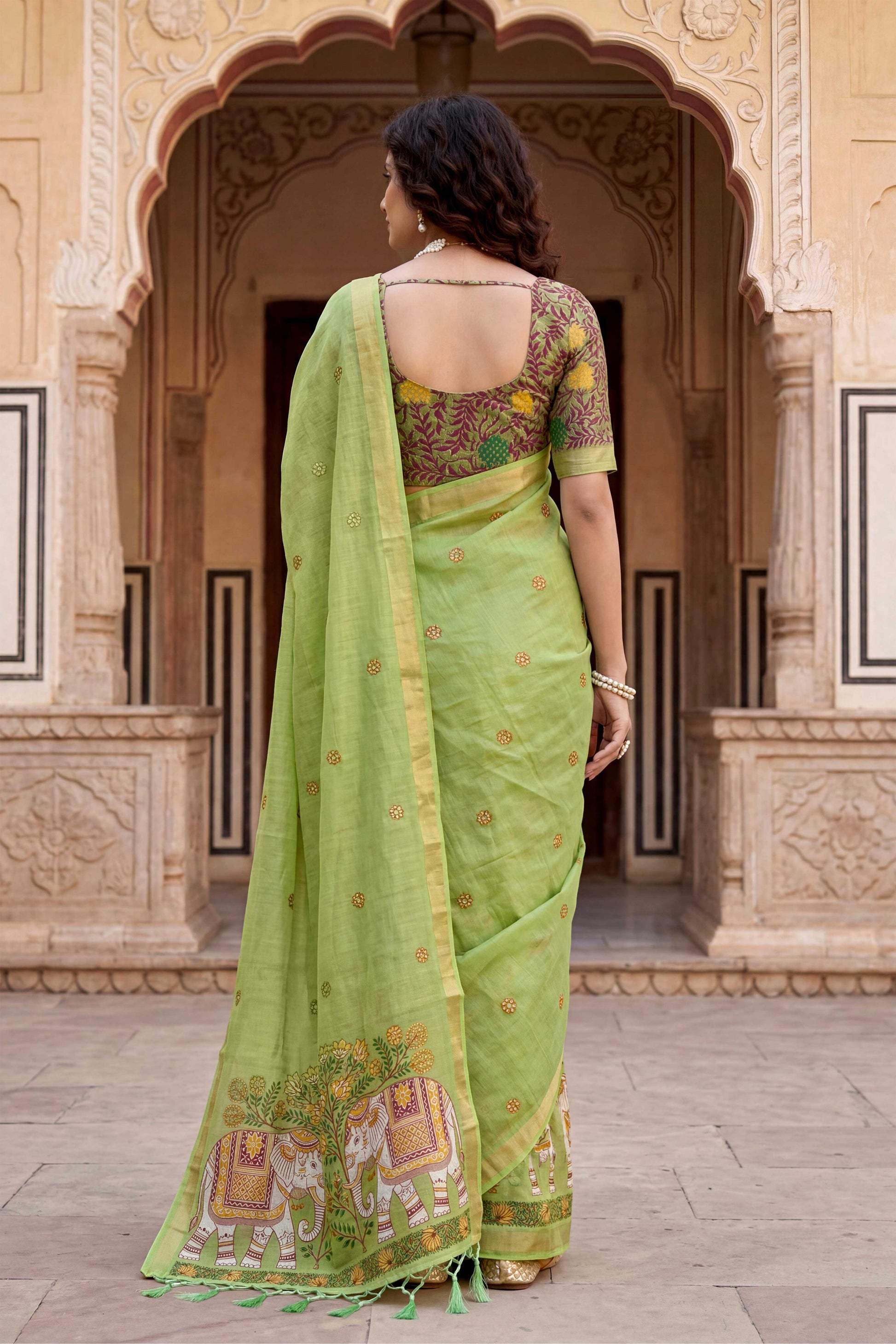 Sangam Prints Green Cotton Print Woven Work Traditional Saree