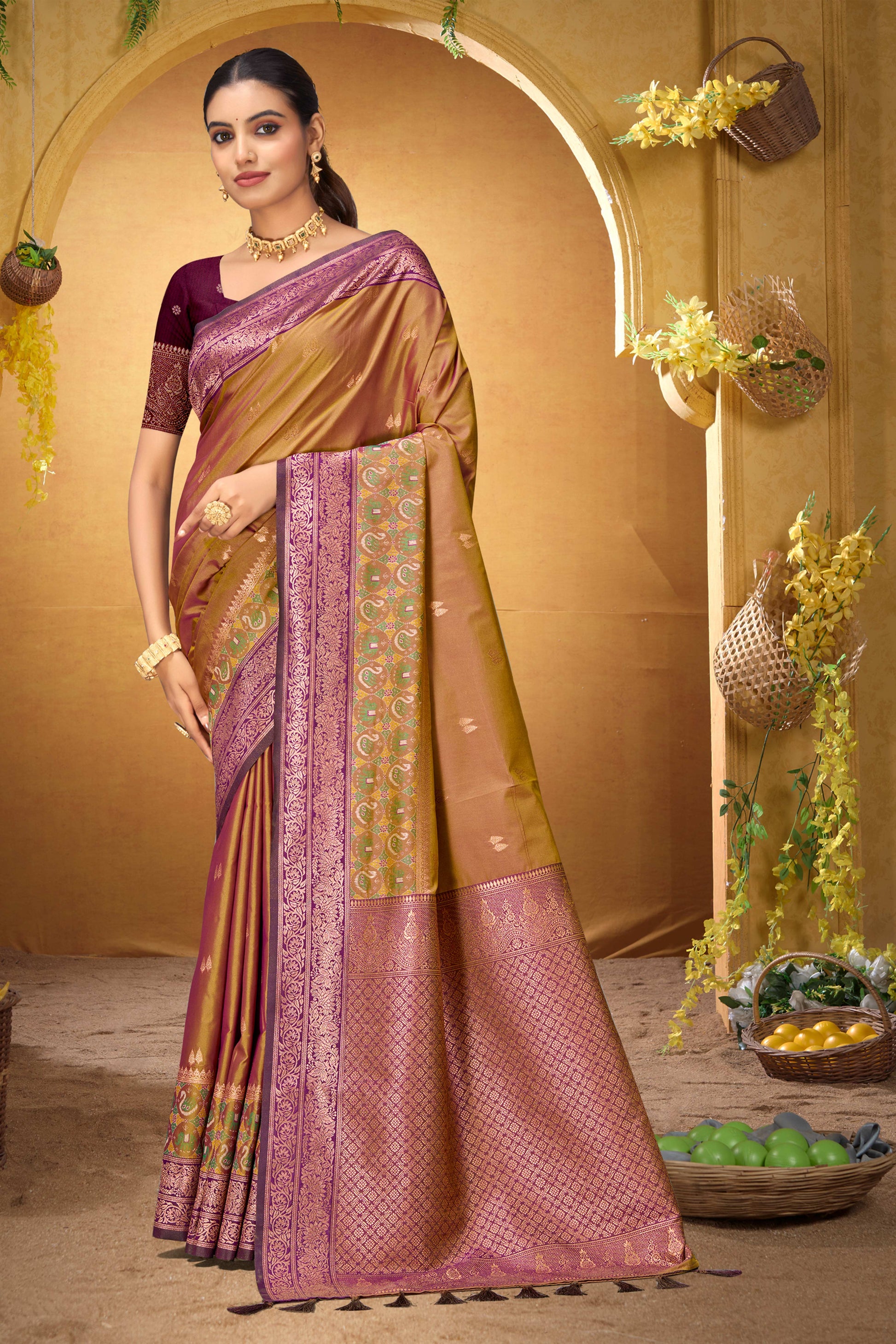 Sangam Prints Mustard Gold Silk Woven Work Traditional Saree