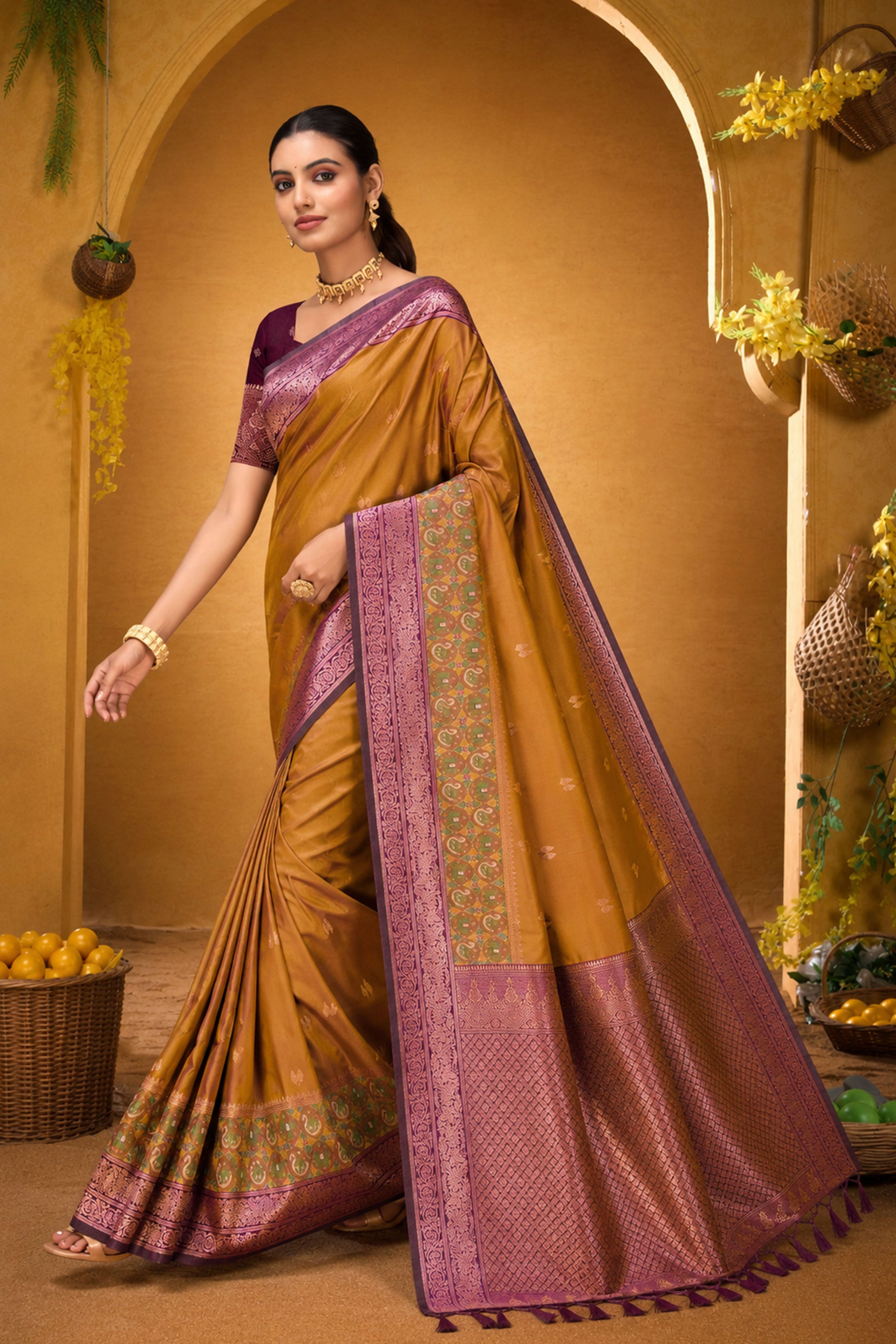 Sangam Prints Mustard Gold Silk Woven Work Traditional Saree