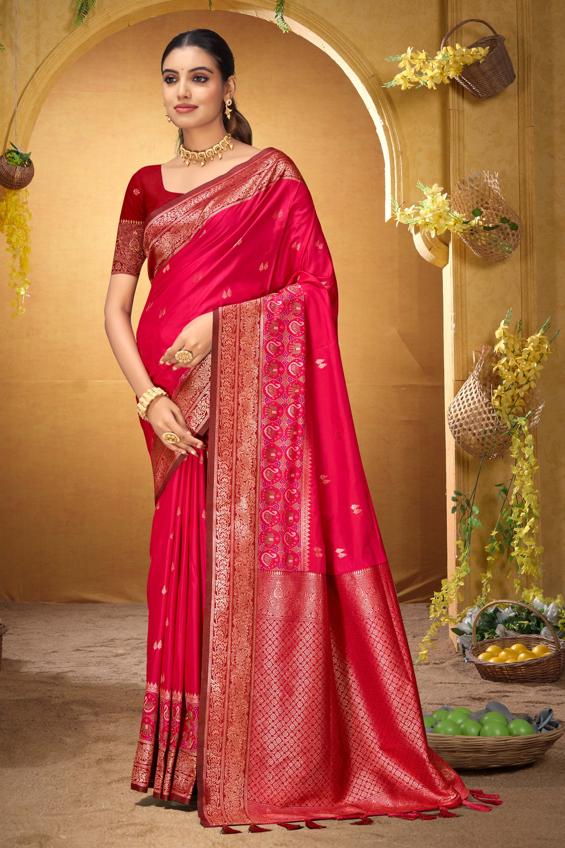 Sangam Prints Rani Pink Silk Woven Work Traditional Saree