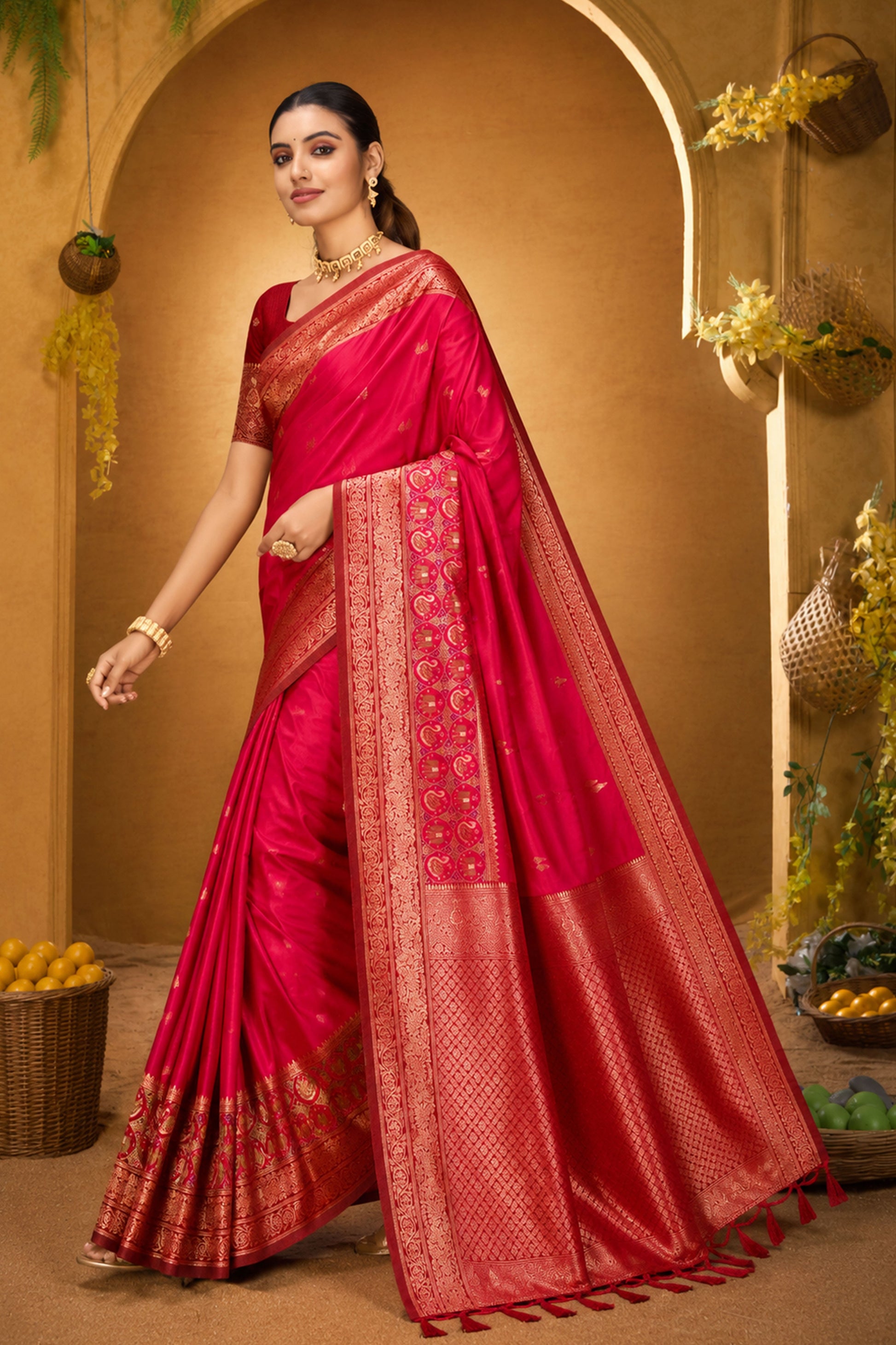 Sangam Prints Rani Pink Silk Woven Work Traditional Saree