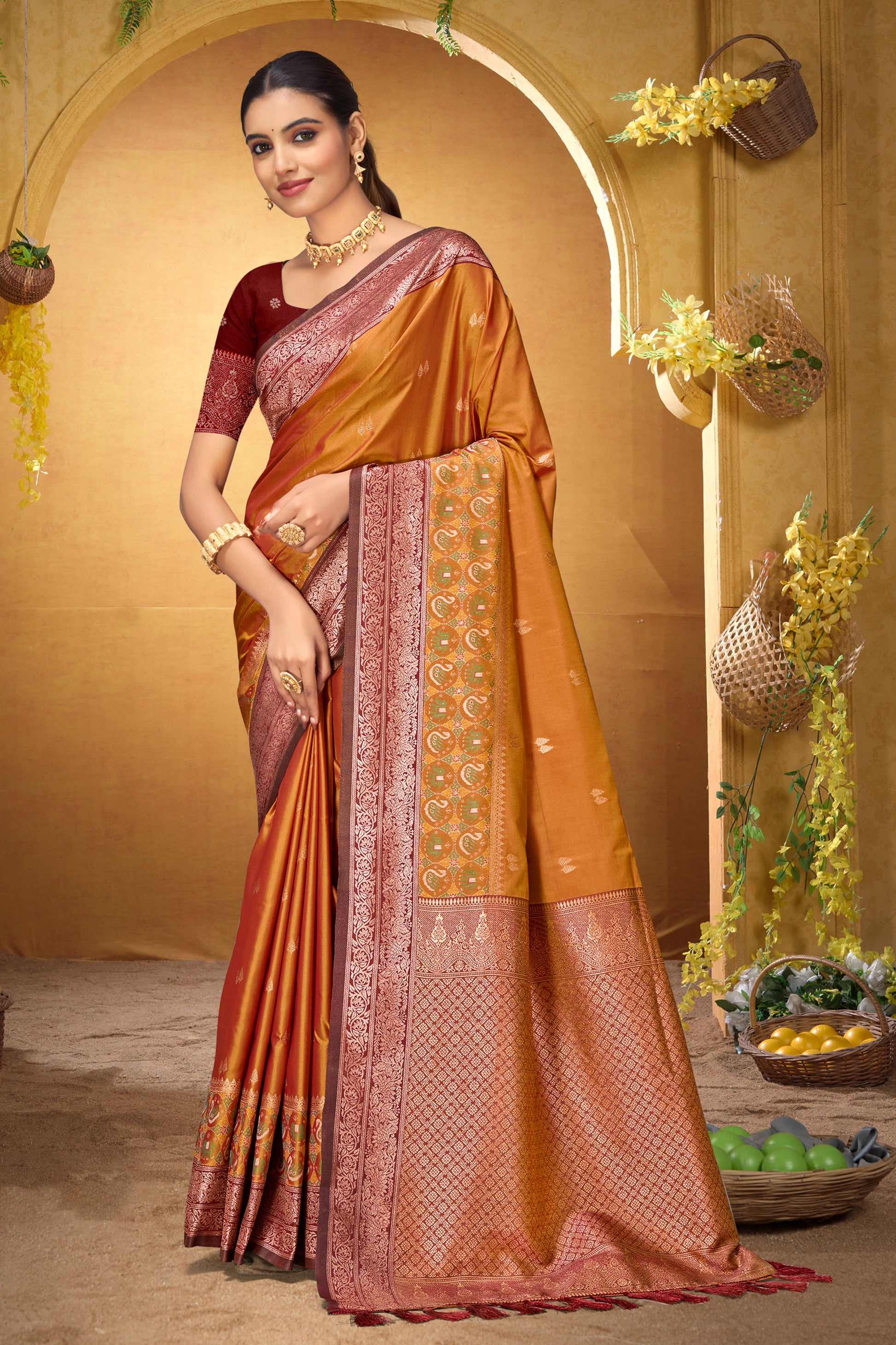 Sangam Prints Copper Orange Silk Woven Work Traditional Saree