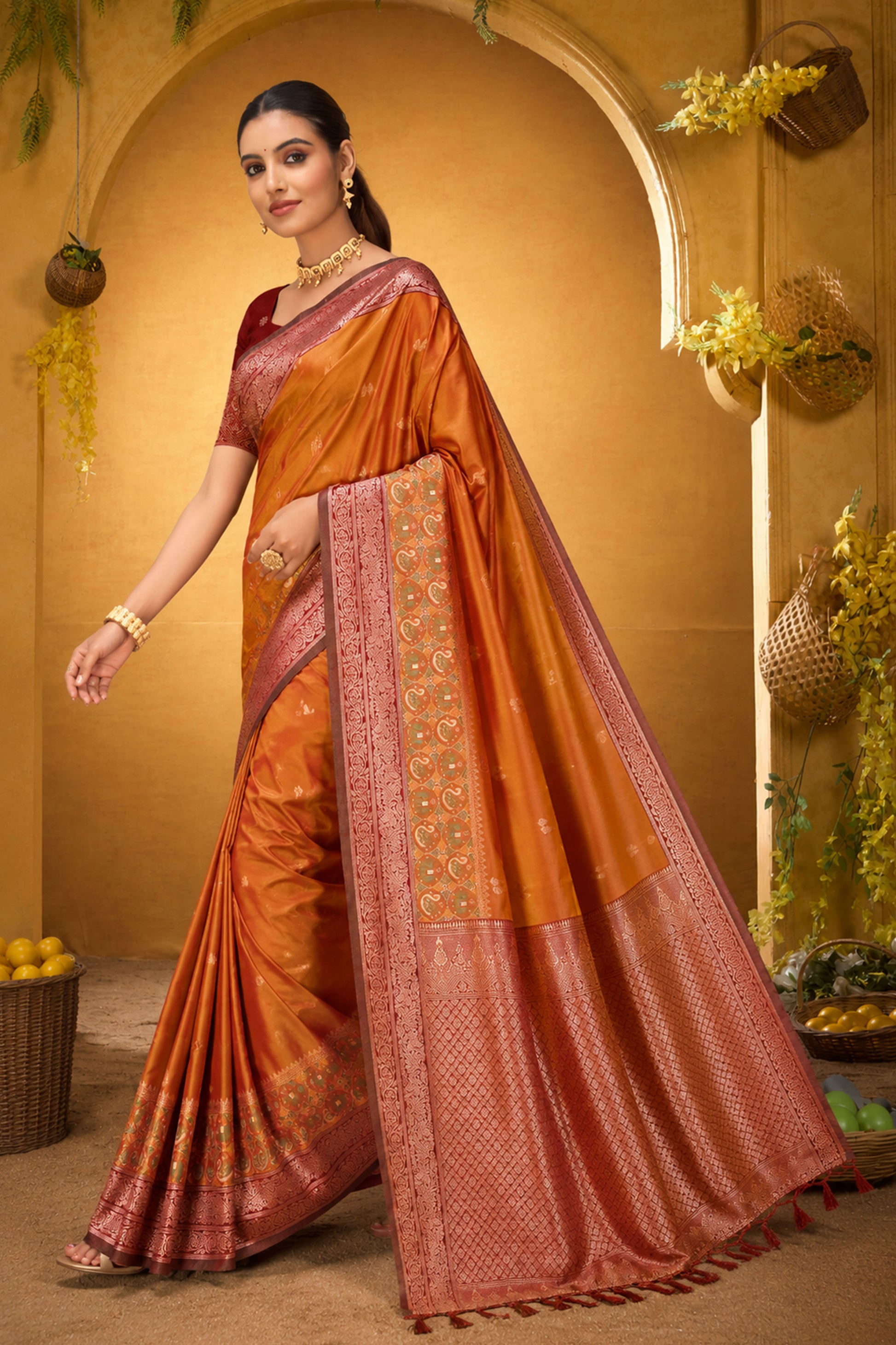 Sangam Prints Copper Orange Silk Woven Work Traditional Saree