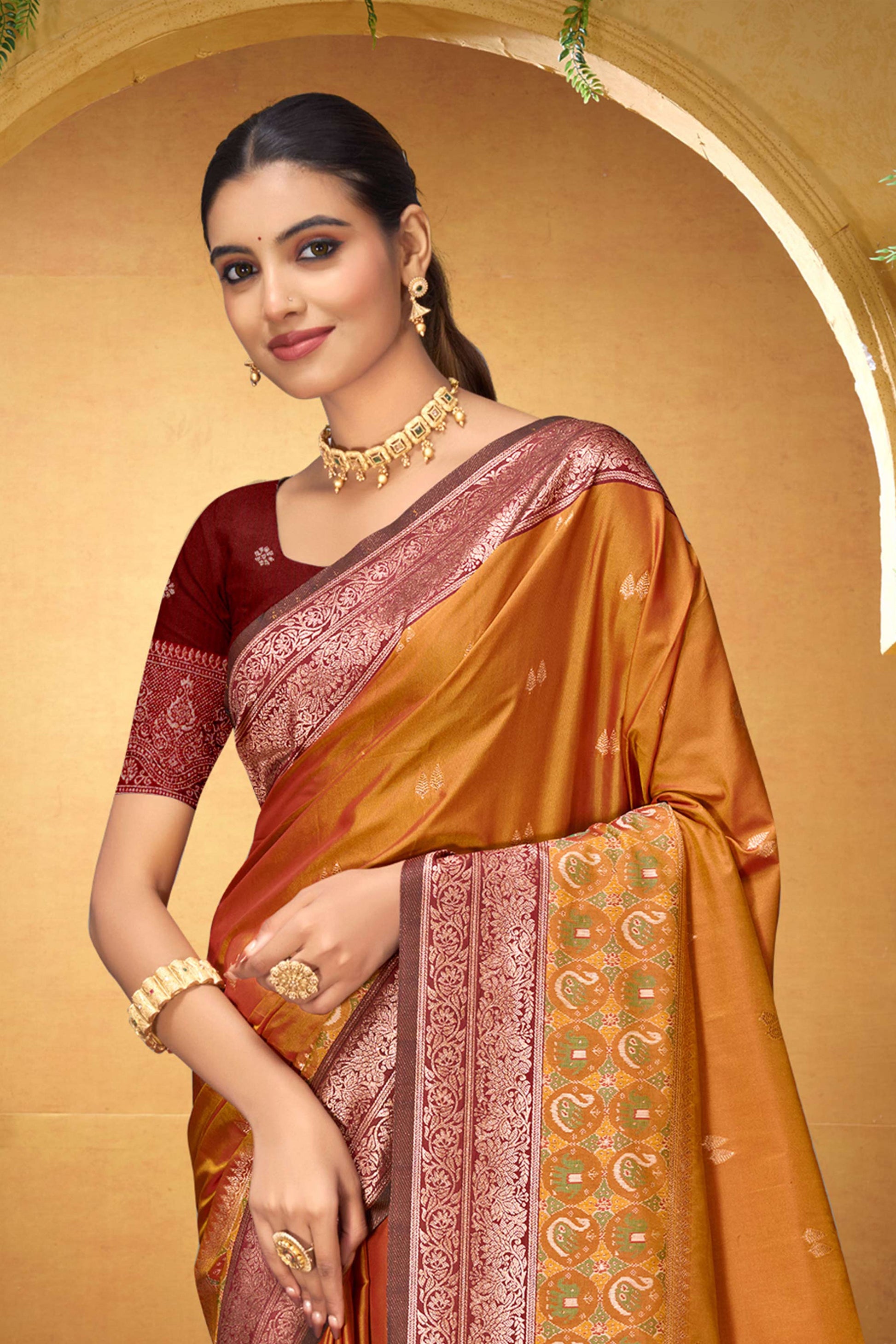 Sangam Prints Copper Orange Silk Woven Work Traditional Saree