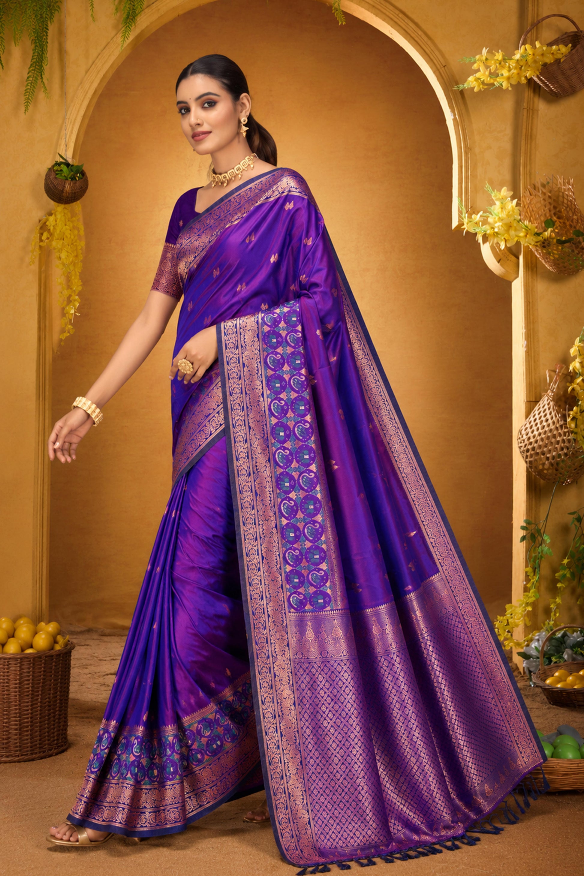 Sangam Prints Violet Purple Silk Woven Work Traditional Saree