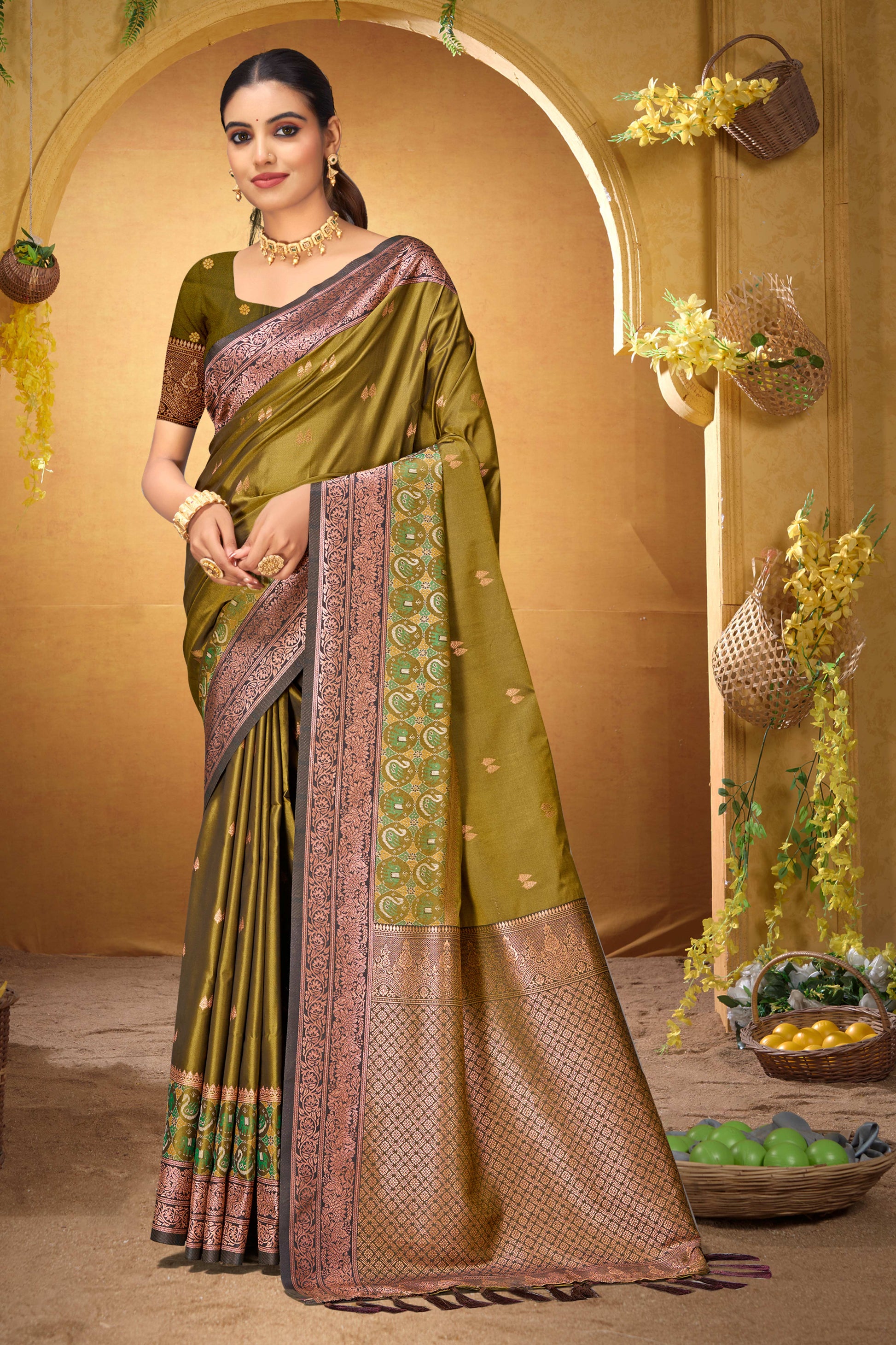 Sangam Prints Olive Green Silk Woven Work Traditional Saree