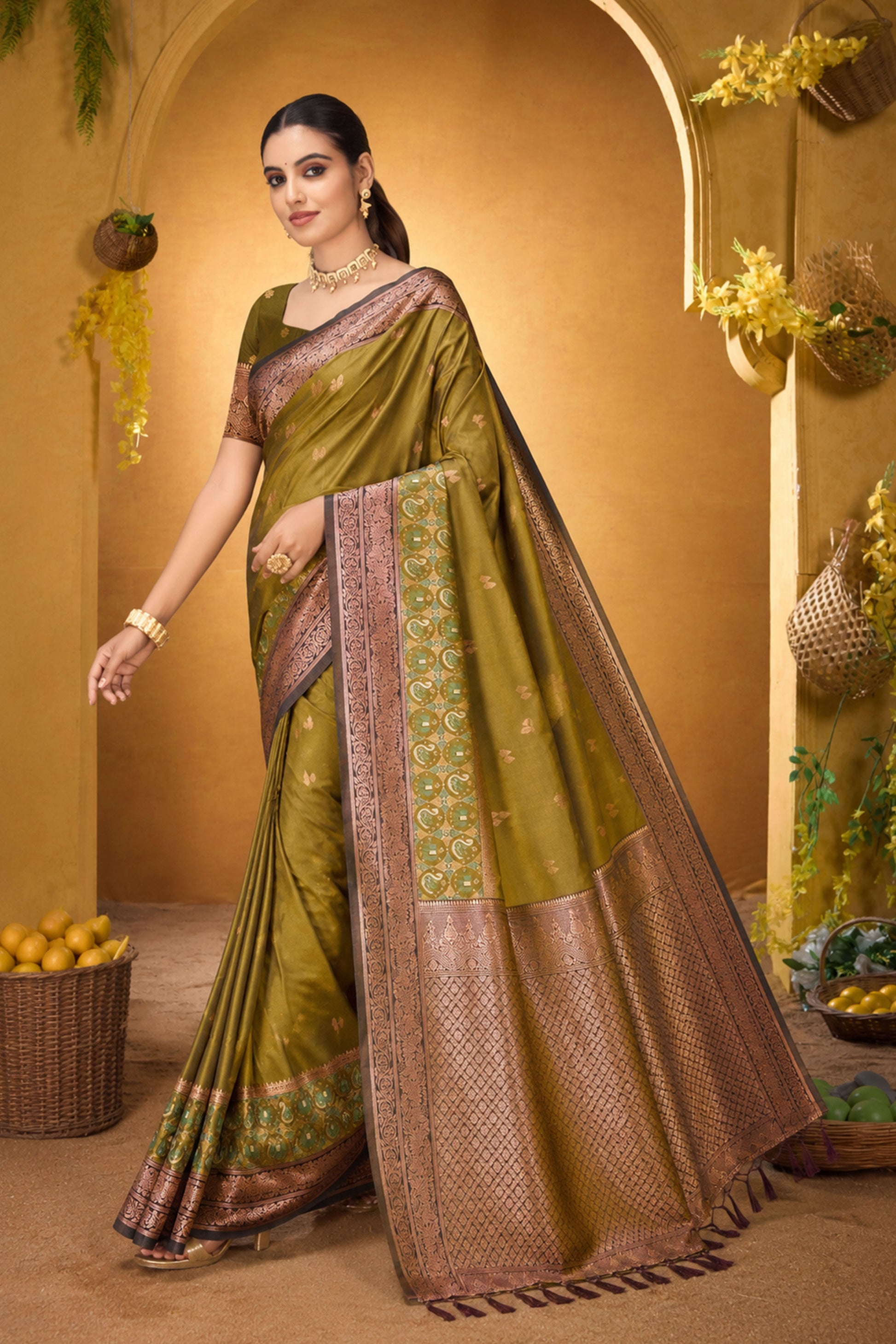 Sangam Prints Olive Green Silk Woven Work Traditional Saree