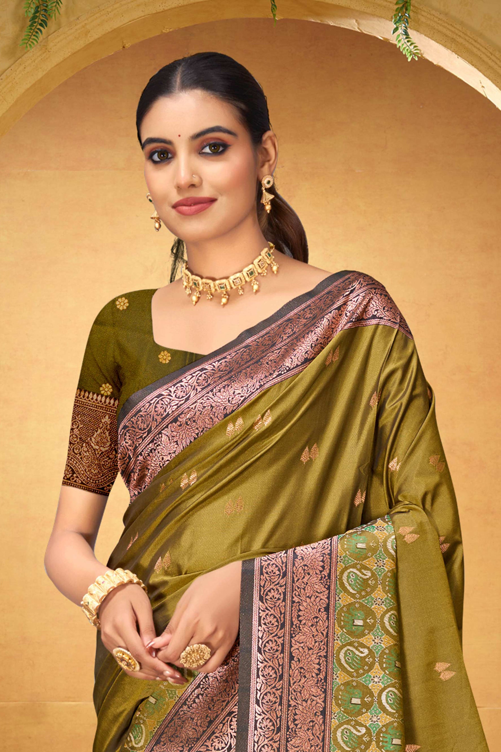 Sangam Prints Olive Green Silk Woven Work Traditional Saree