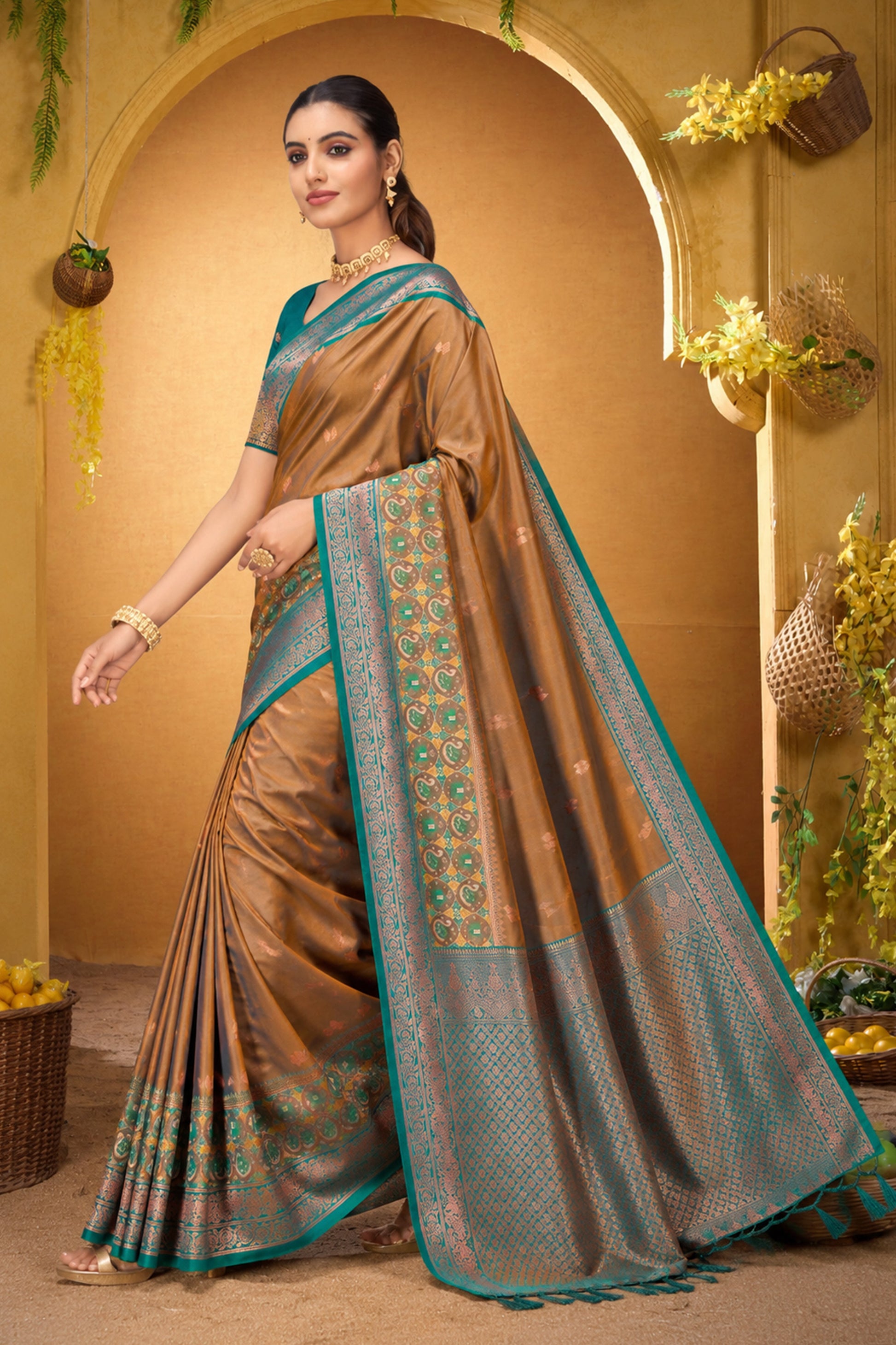 Sangam Prints Bronze Gold Silk Woven Work Traditional Saree