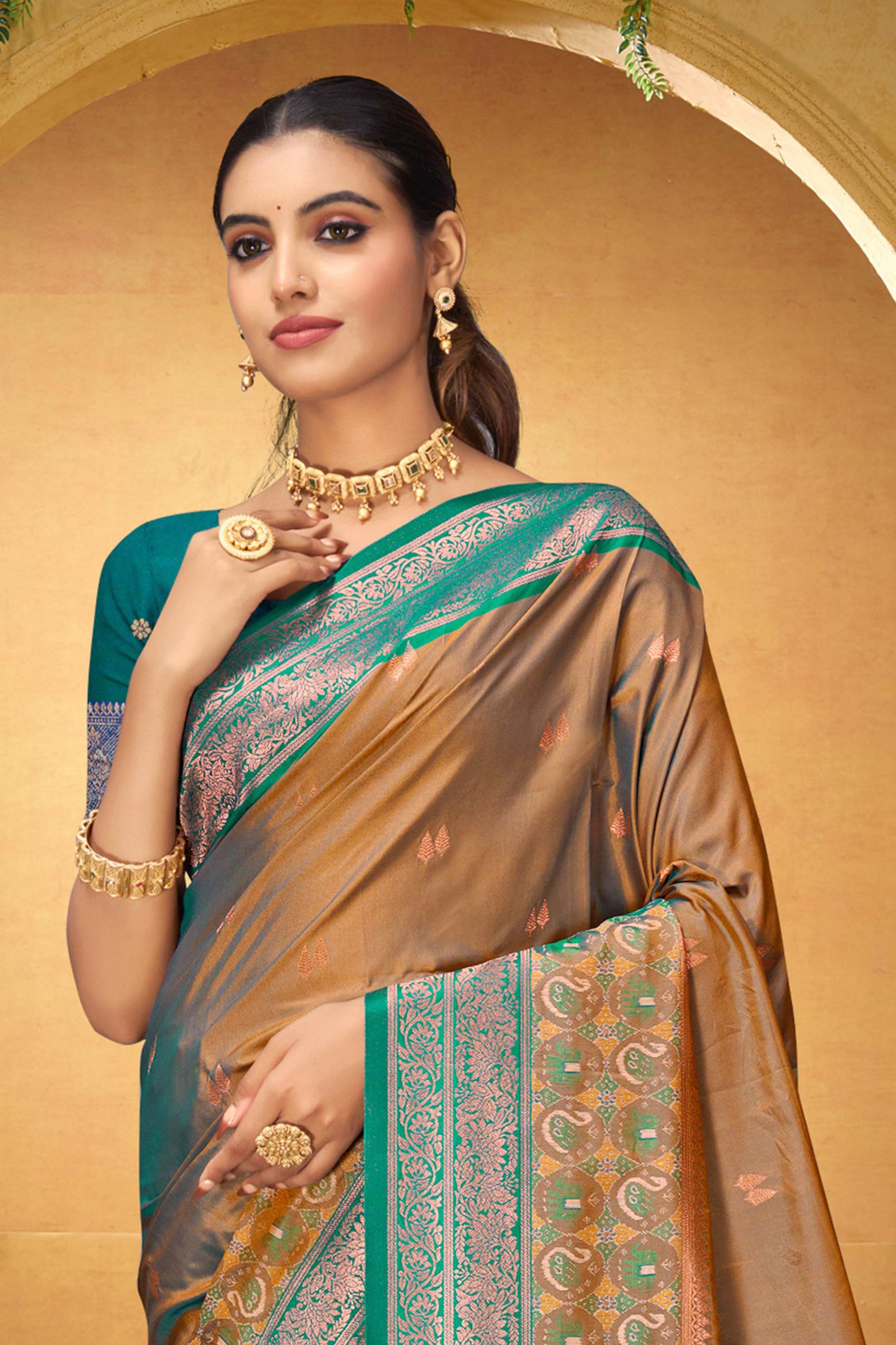 Sangam Prints Bronze Gold Silk Woven Work Traditional Saree