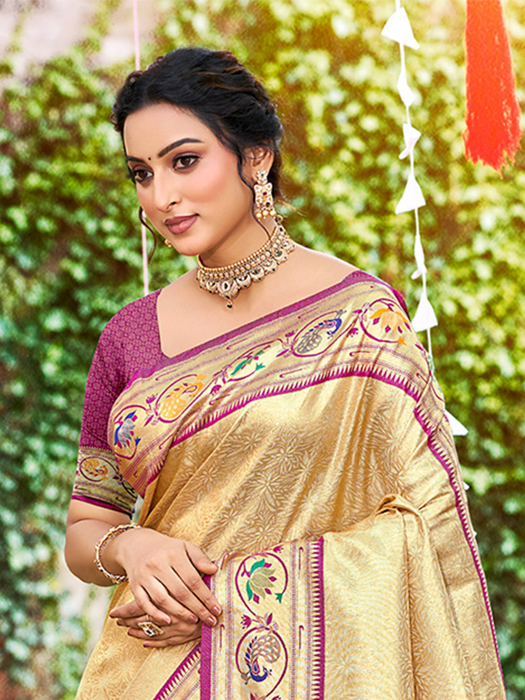Sangam Prints Beige Silk Woven Work Traditional Saree