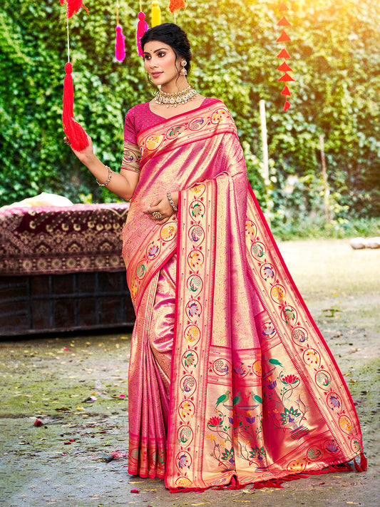 Sangam Prints Pink Silk Woven Work Traditional Saree