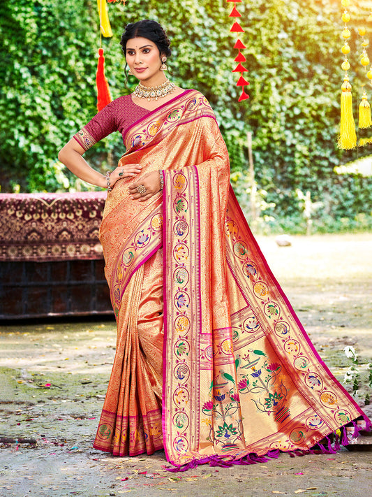 Sangam Prints Orange Silk Woven Work Traditional Saree