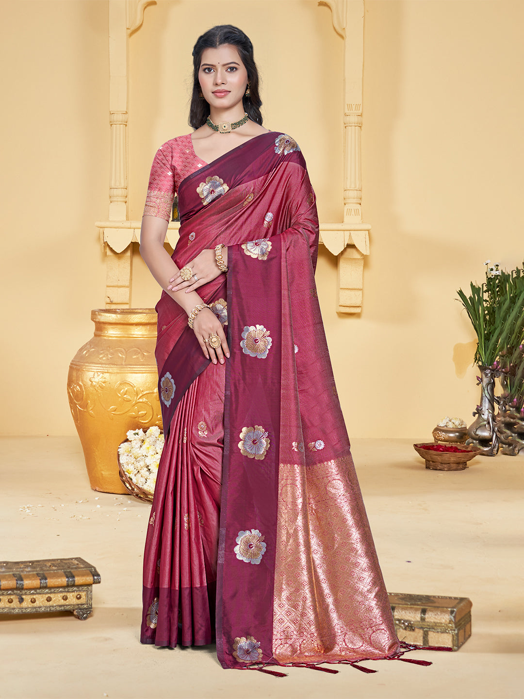 Sangam Prints Maroon Silk Woven Work Traditional Saree