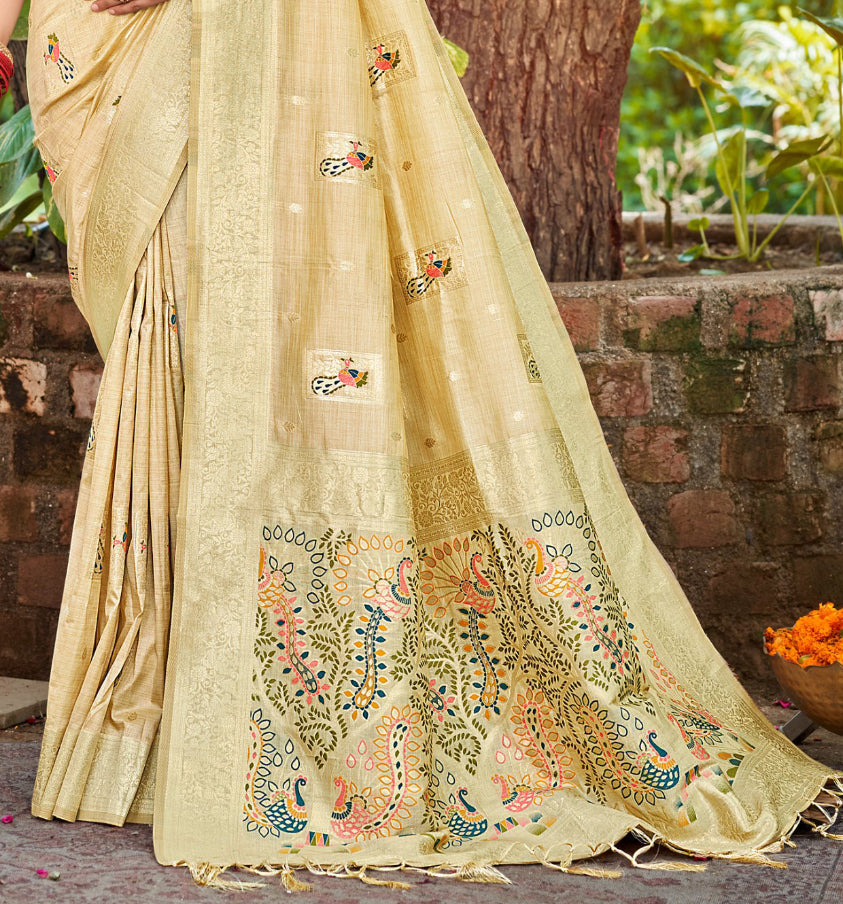 Sangam Prints Cream Heavy Assam Silk Saree With Meena Woven Work Traditional Saree