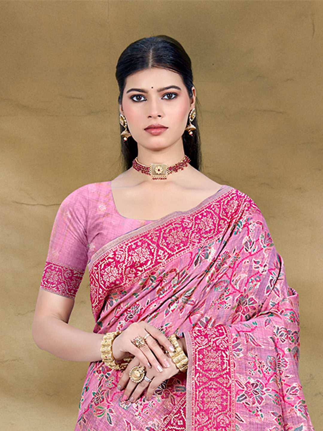 Sangam Prints Pink Cotton Silk With Meena Woven Work Traditional Saree